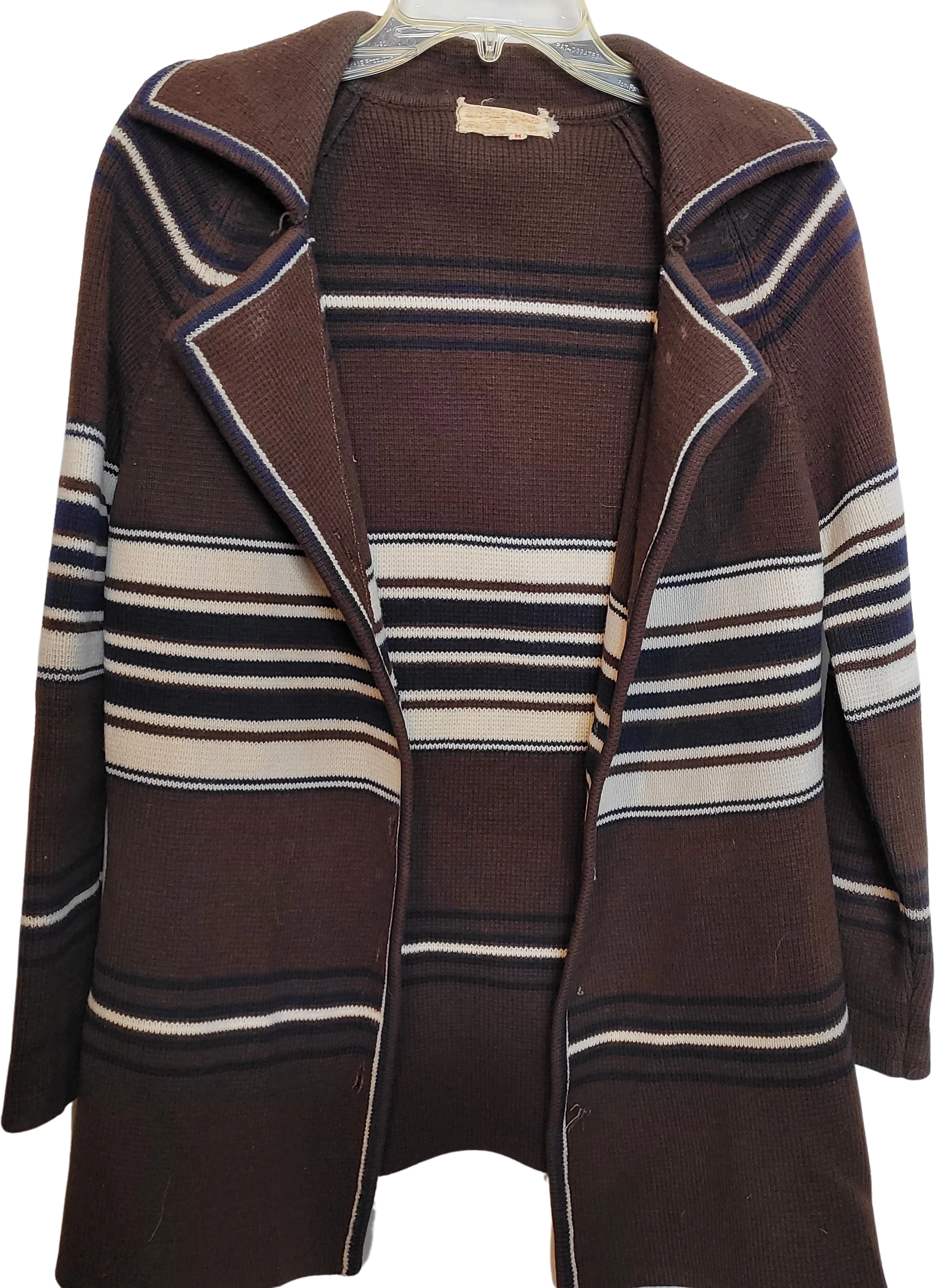 50s/60s Cardigan Brown Cream Stripes Collared Hand Loomed