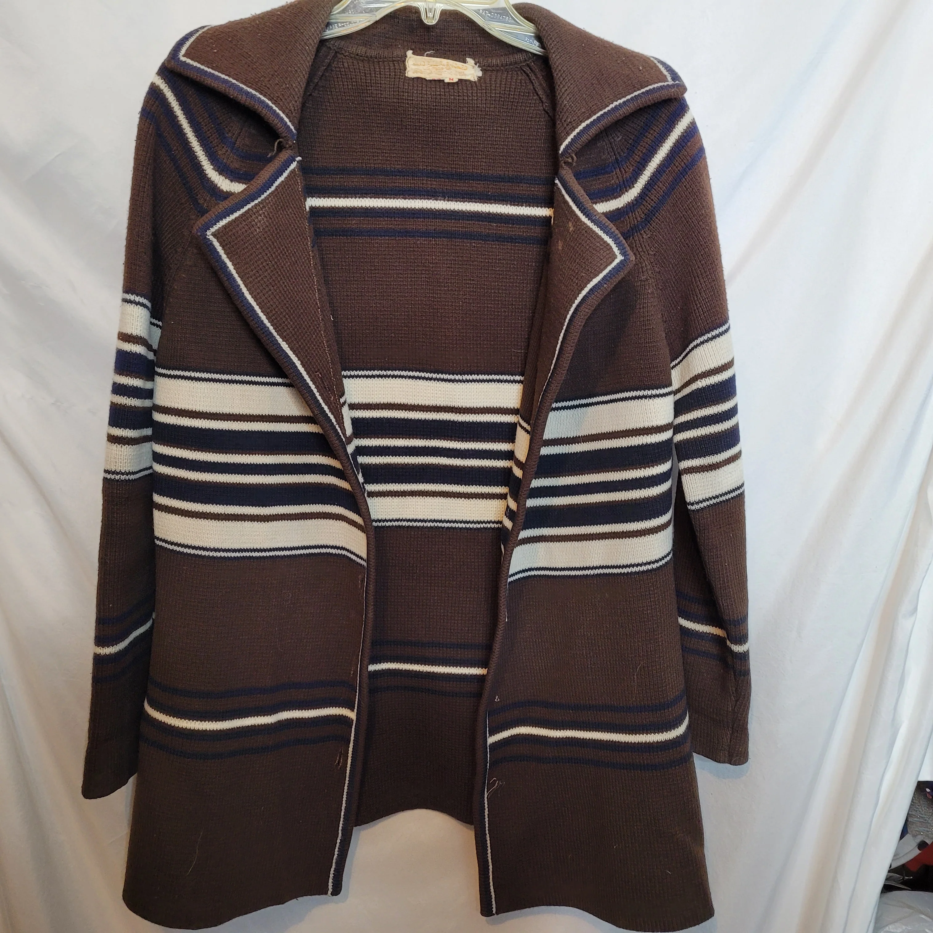 50s/60s Cardigan Brown Cream Stripes Collared Hand Loomed - Image 4
