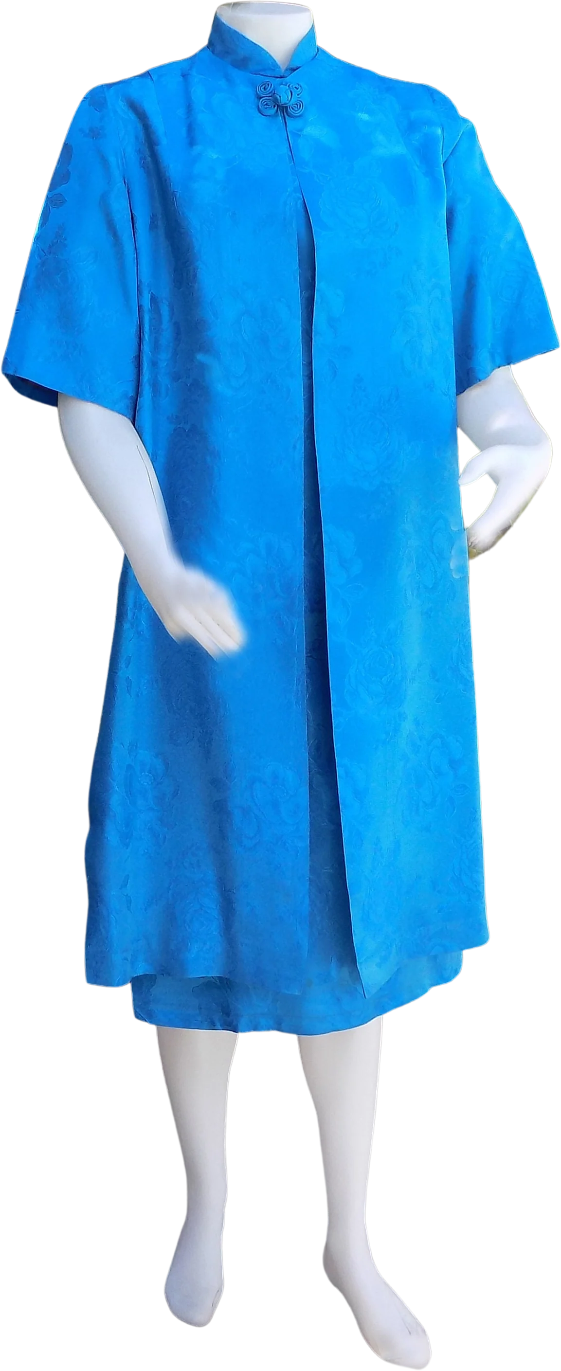 50s 60s Cheongsam Style Wiggle Dress with Matching Coat Dress and Coat Set Mcm Atomic Aqua Rayon Frog Metal Zipper