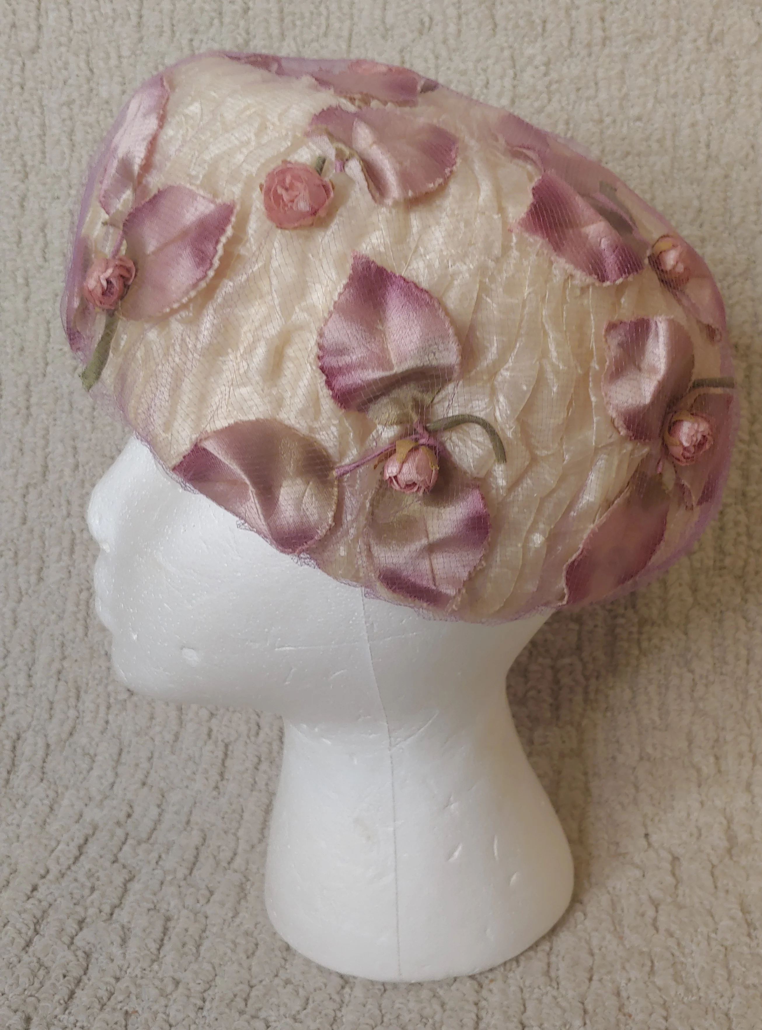 50s/60s Creme Pink Purple Floral Pillbox Hat Netting By Replica De Parisienne - Image 3