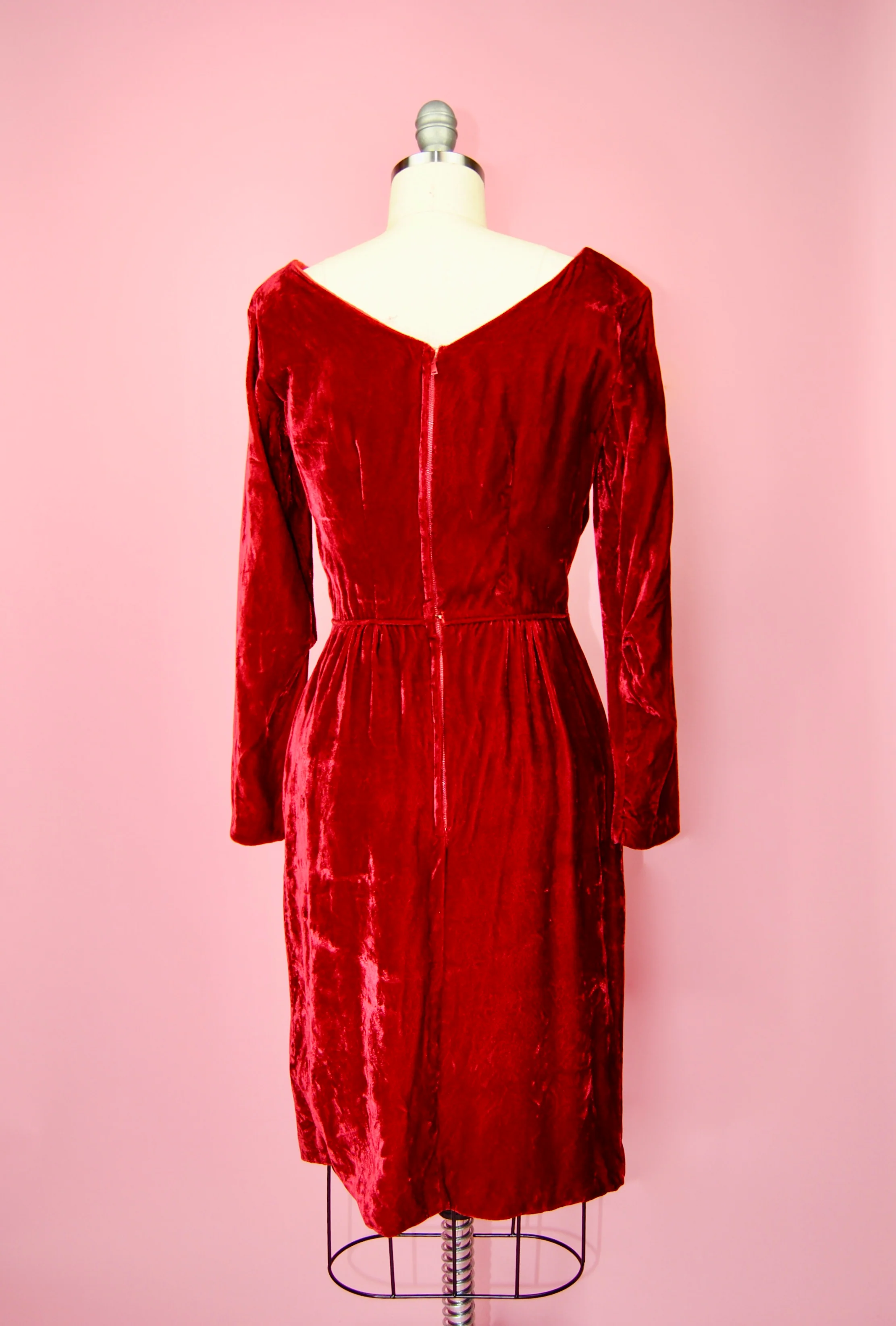 50s/60s Crushed Red Velvet Cocktail Holiday Dress - Image 11