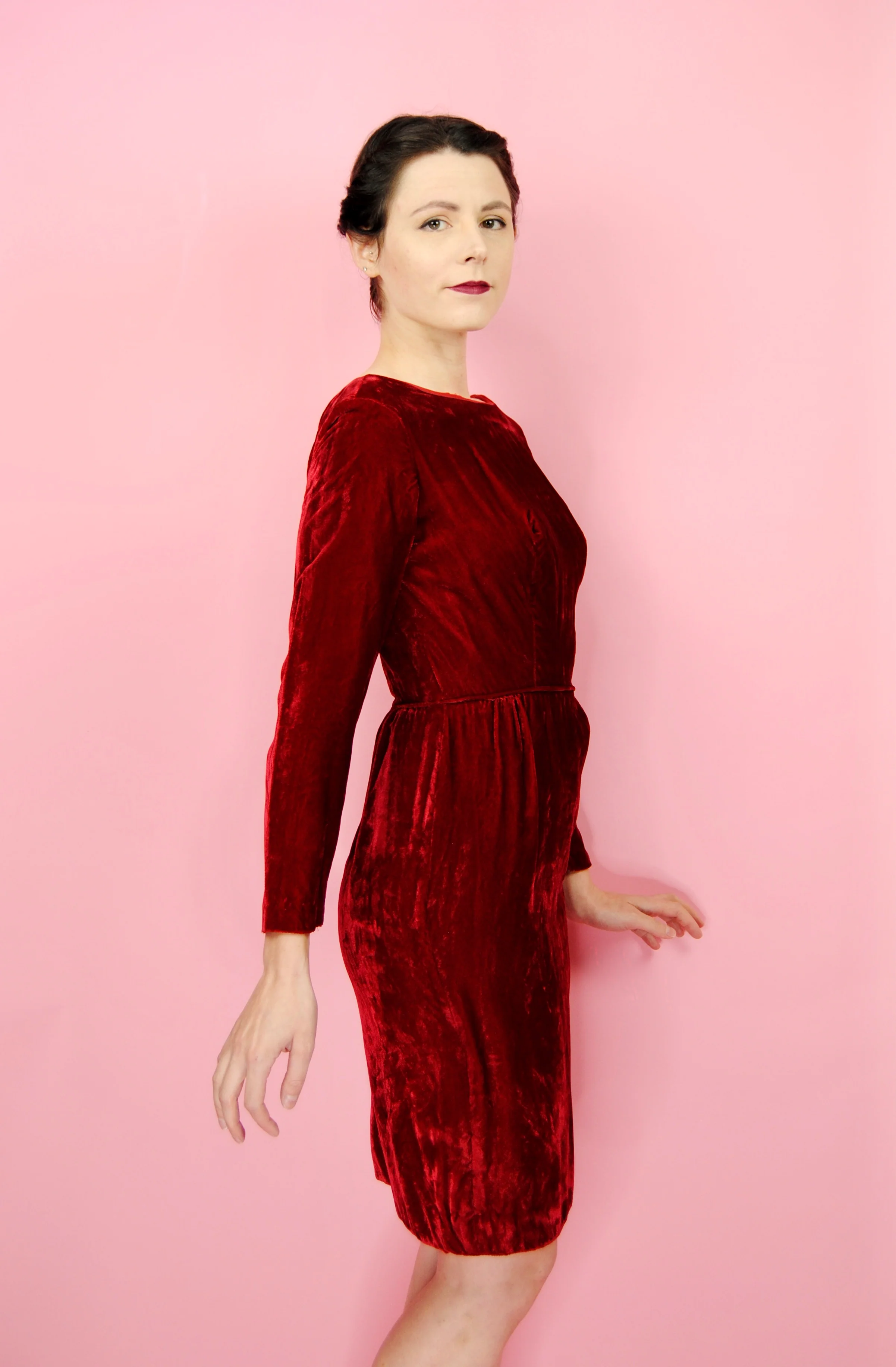 50s/60s Crushed Red Velvet Cocktail Holiday Dress - Image 5
