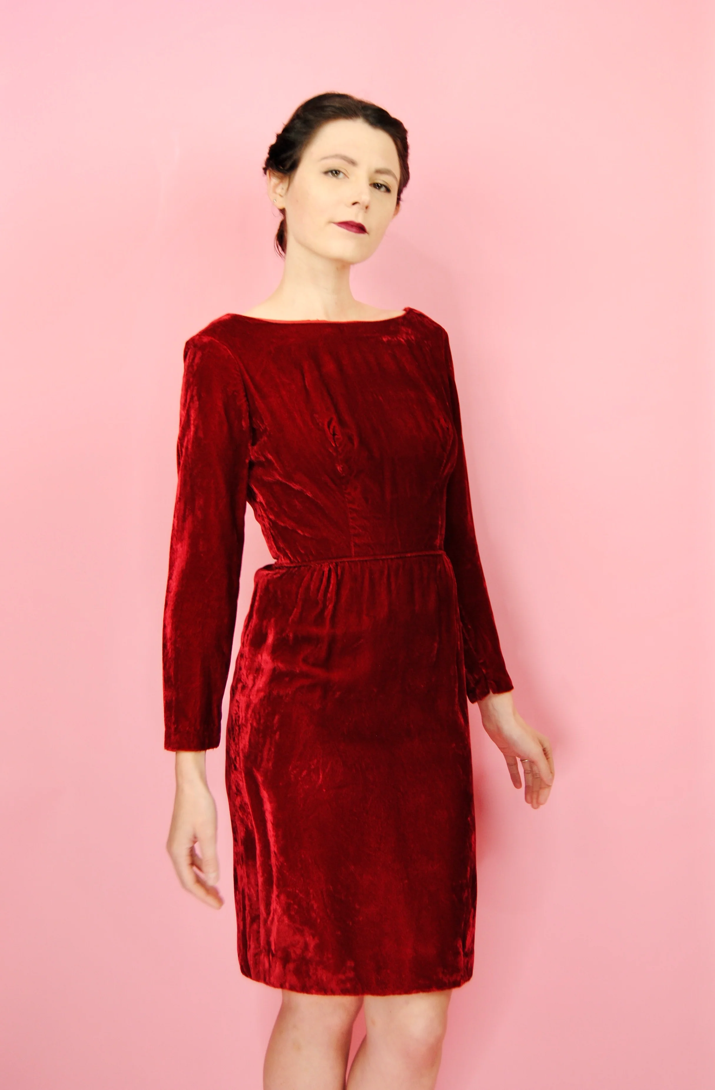 50s/60s Crushed Red Velvet Cocktail Holiday Dress - Image 6