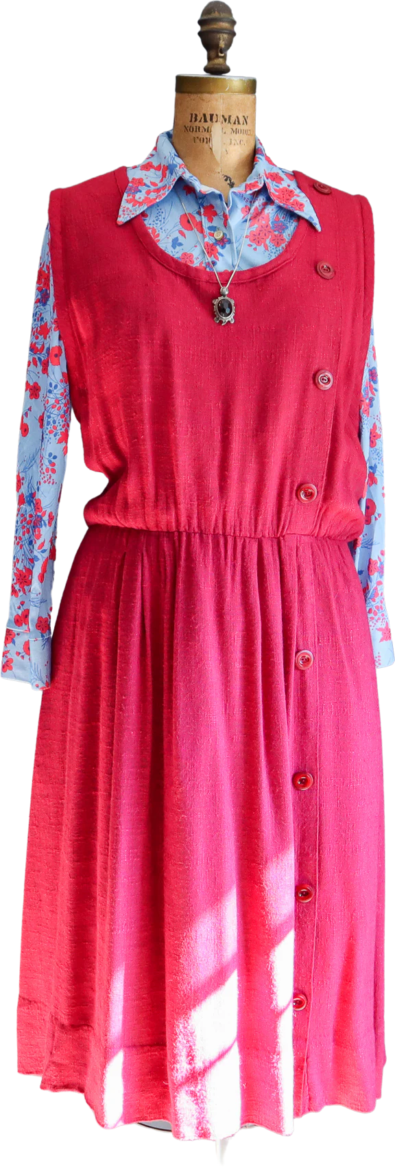 50s/60s Deep Red Hopsack Linen Sleeveless Jumper Dress
