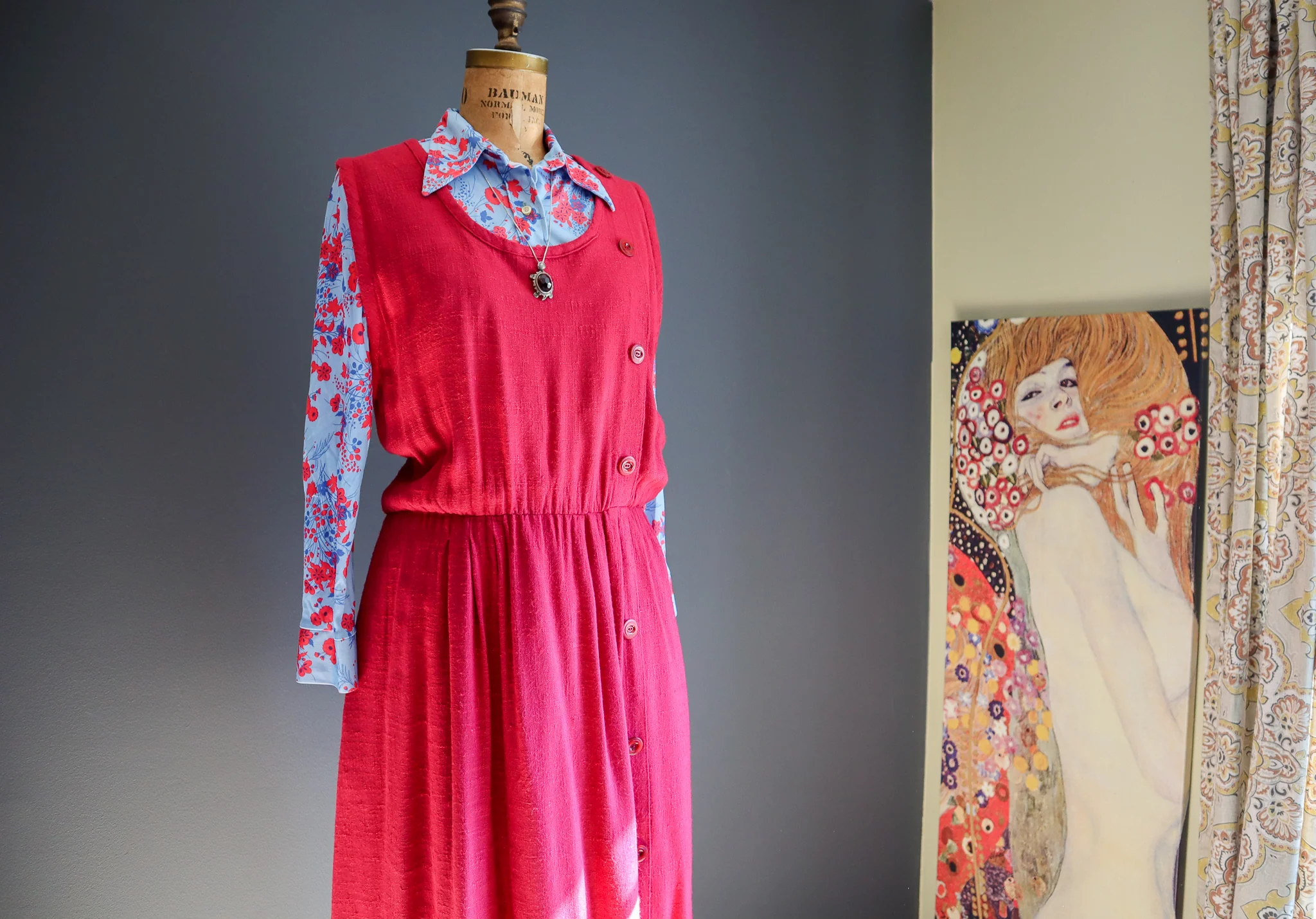 50s/60s Deep Red Hopsack Linen Sleeveless Jumper Dress - Image 3