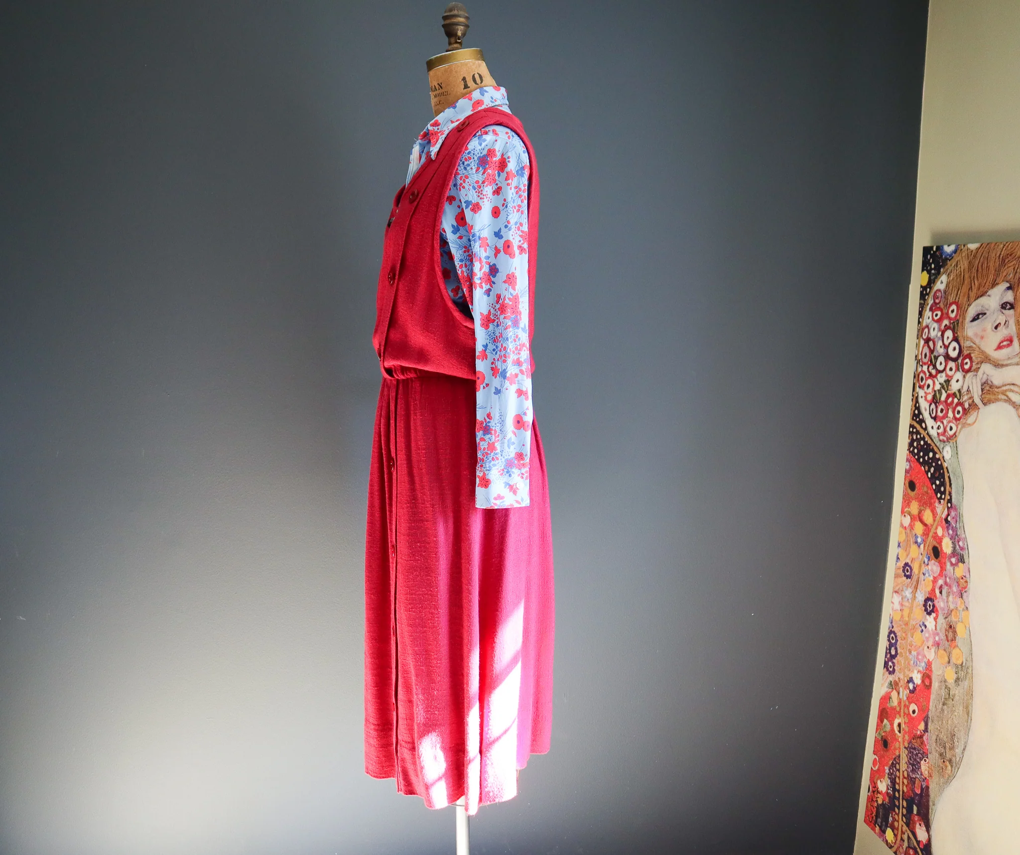 50s/60s Deep Red Hopsack Linen Sleeveless Jumper Dress - Image 4