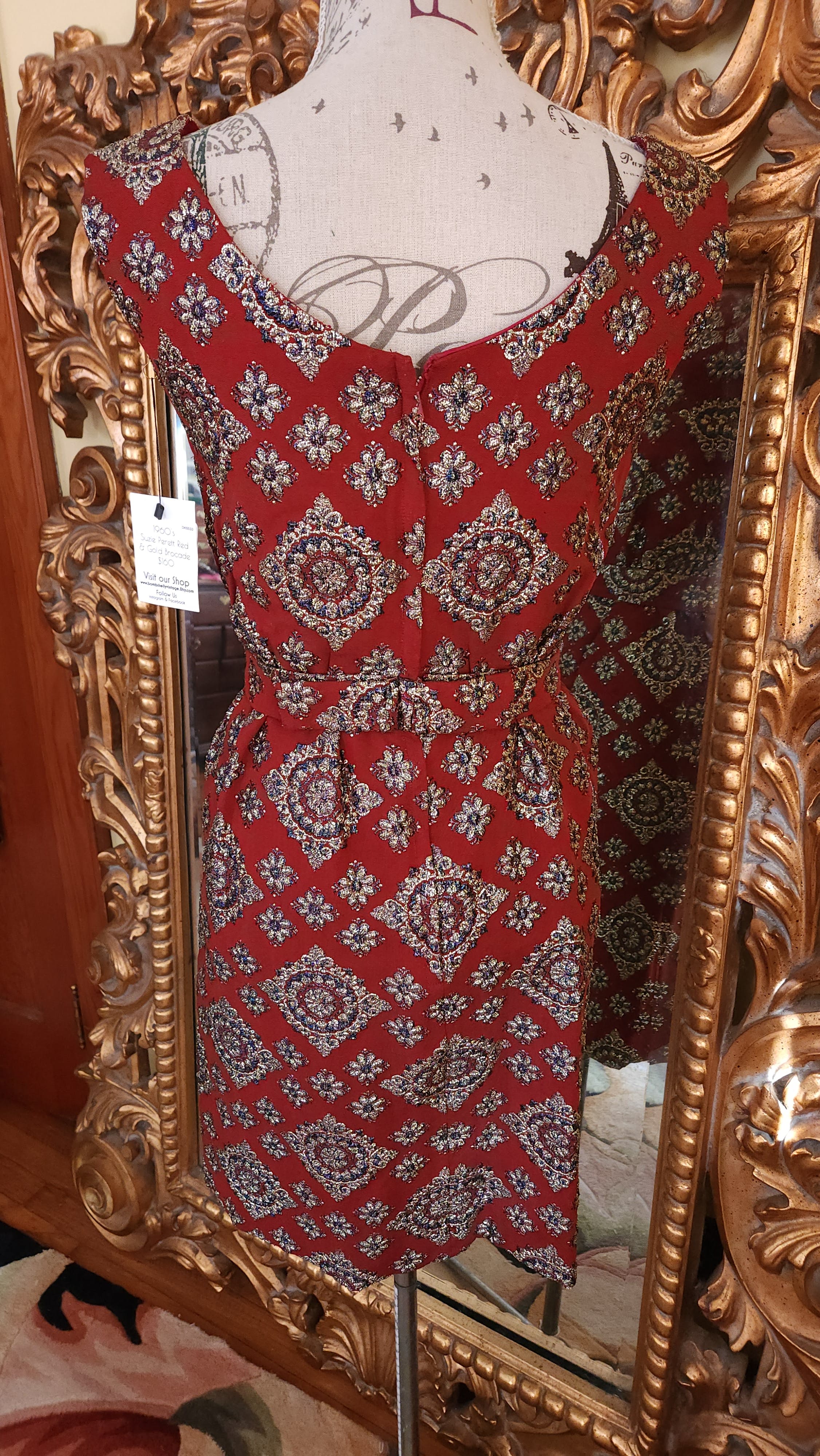 50s/60s Deep Red Metallic Brocade Wiggle Dress By Suzy Perette - Image 11