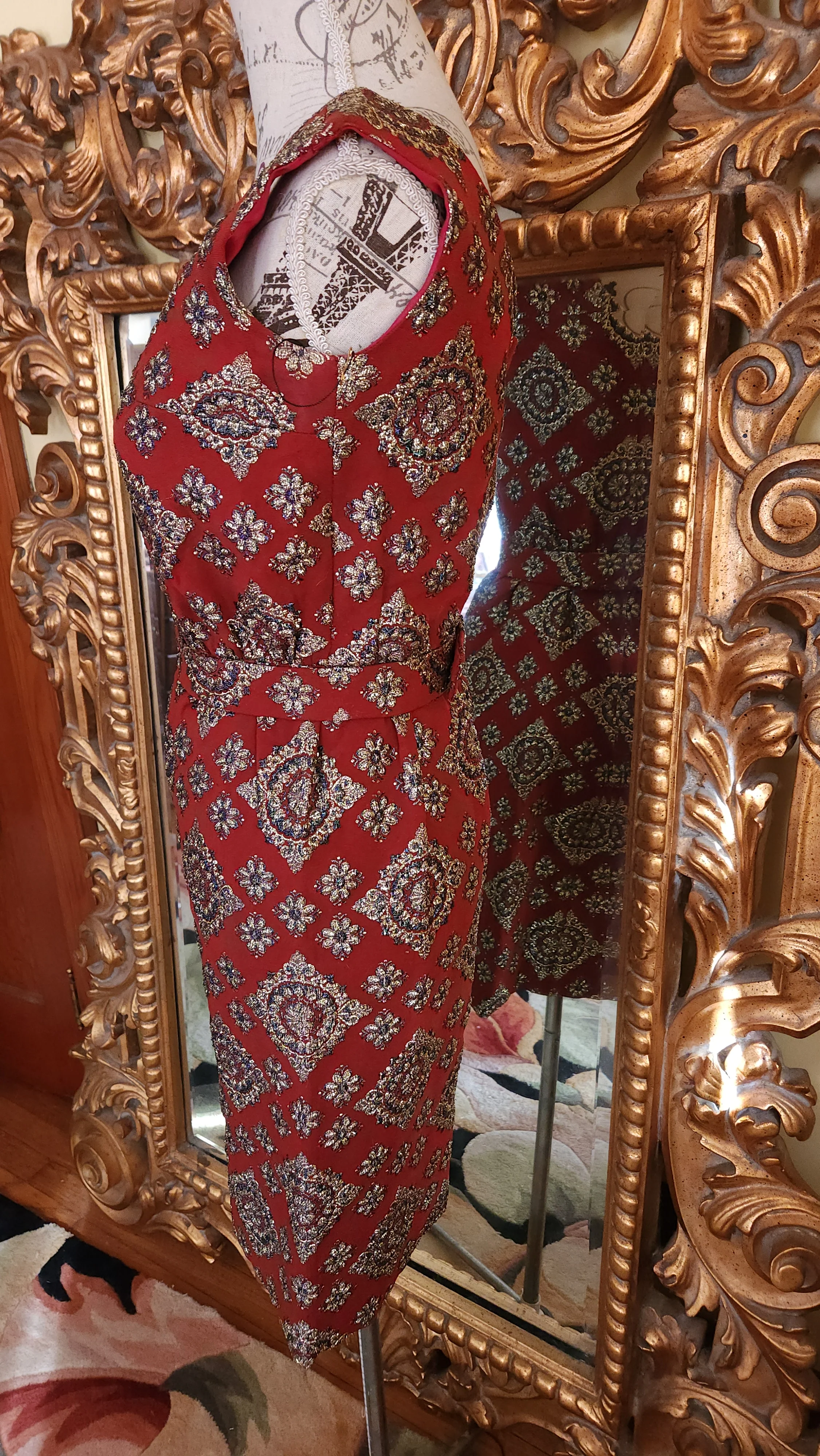 50s/60s Deep Red Metallic Brocade Wiggle Dress By Suzy Perette - Image 4