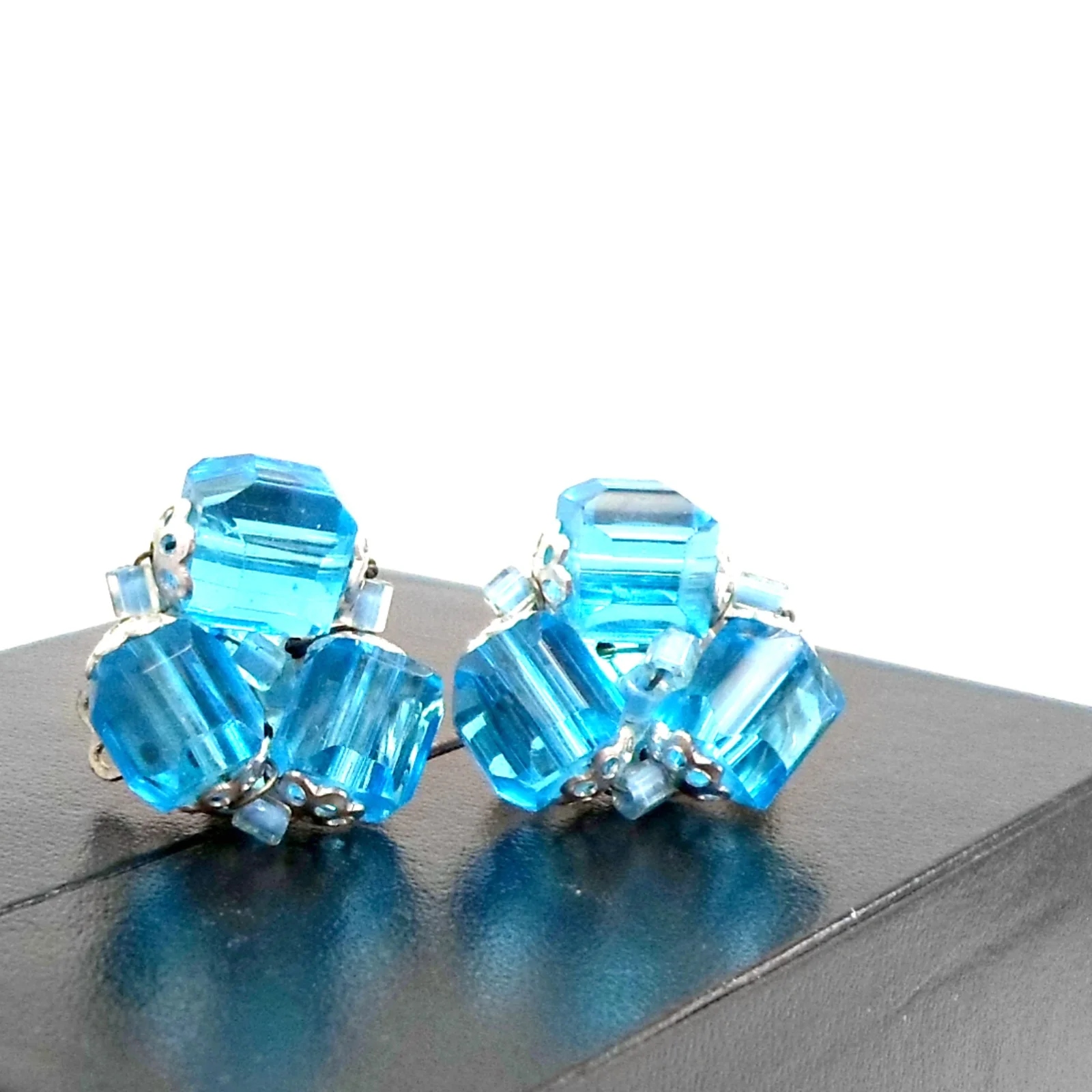 50s/60s Earrings Aqua Cluster Clip On Japan - Image 5