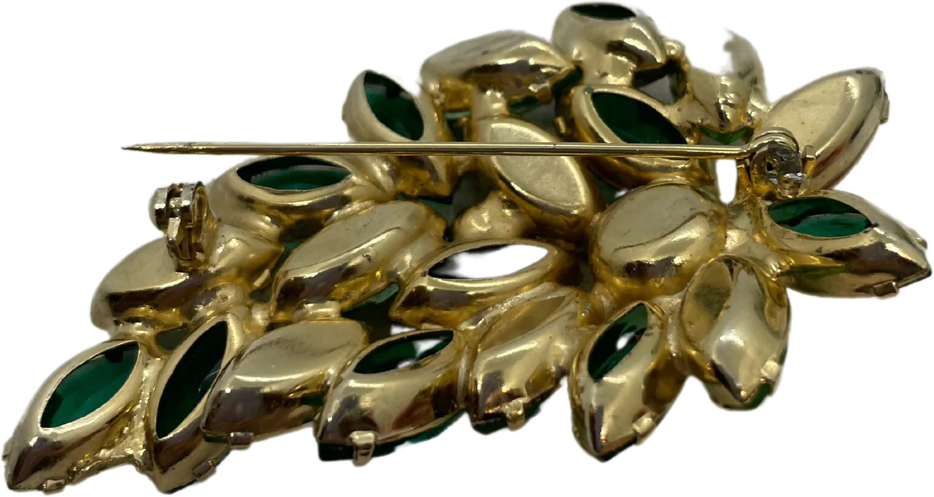 50s/60s Emerald Green Rhinestone Leaf Brooch Old Hollywood - Image 2