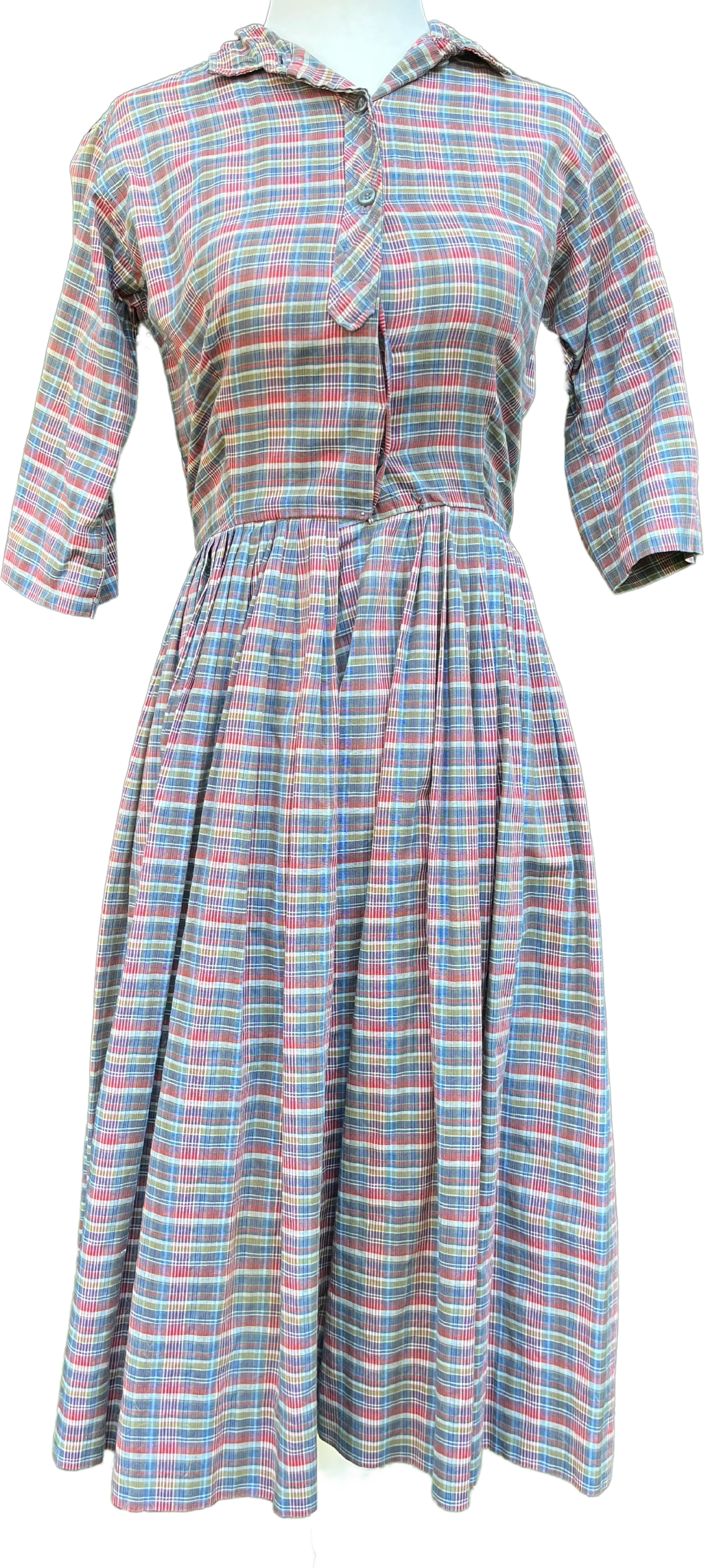 50s/60s Faded Madras Plaid Shirtwaist Dress By Serbin