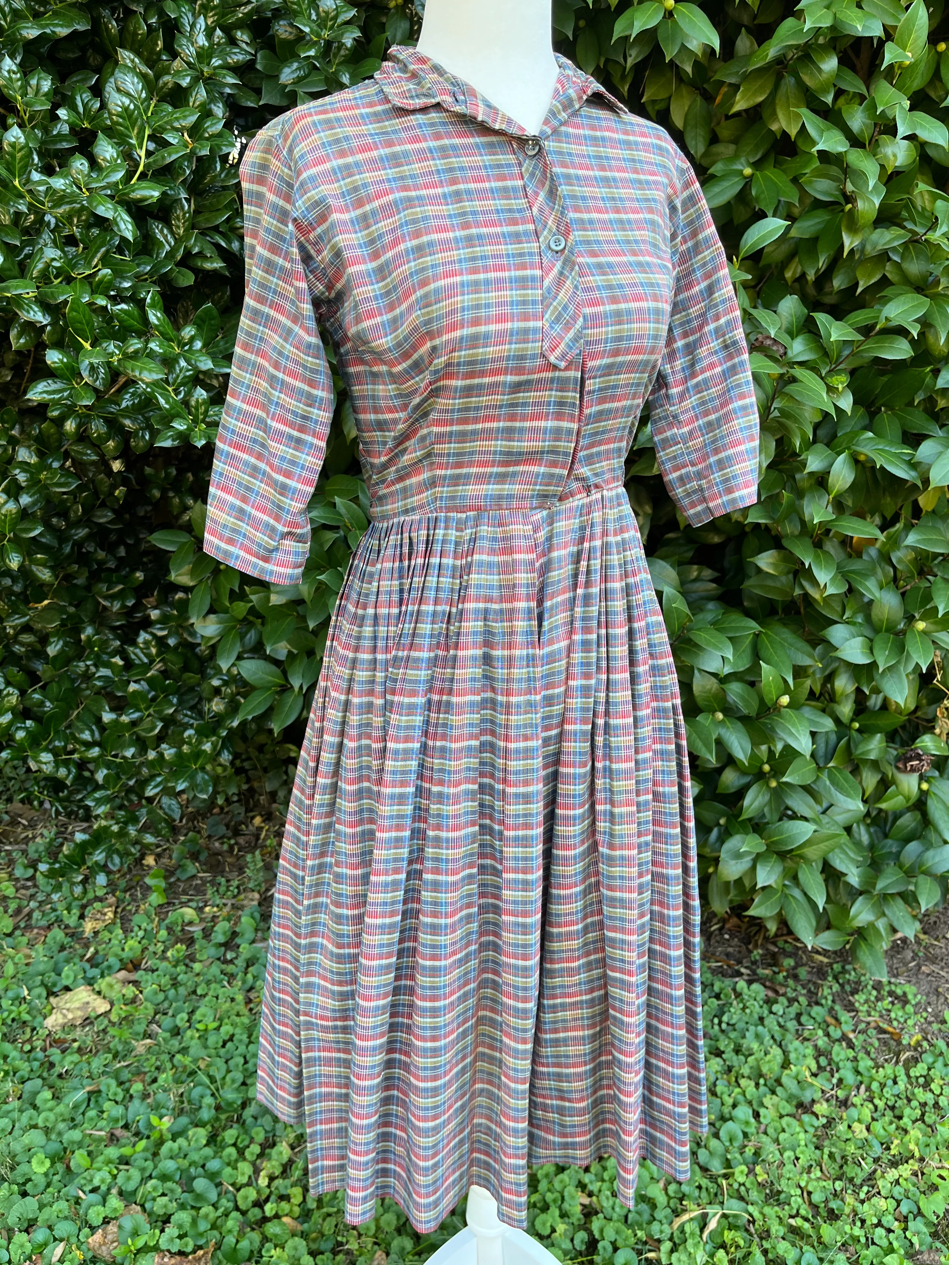 50s/60s Faded Madras Plaid Shirtwaist Dress By Serbin - Image 3