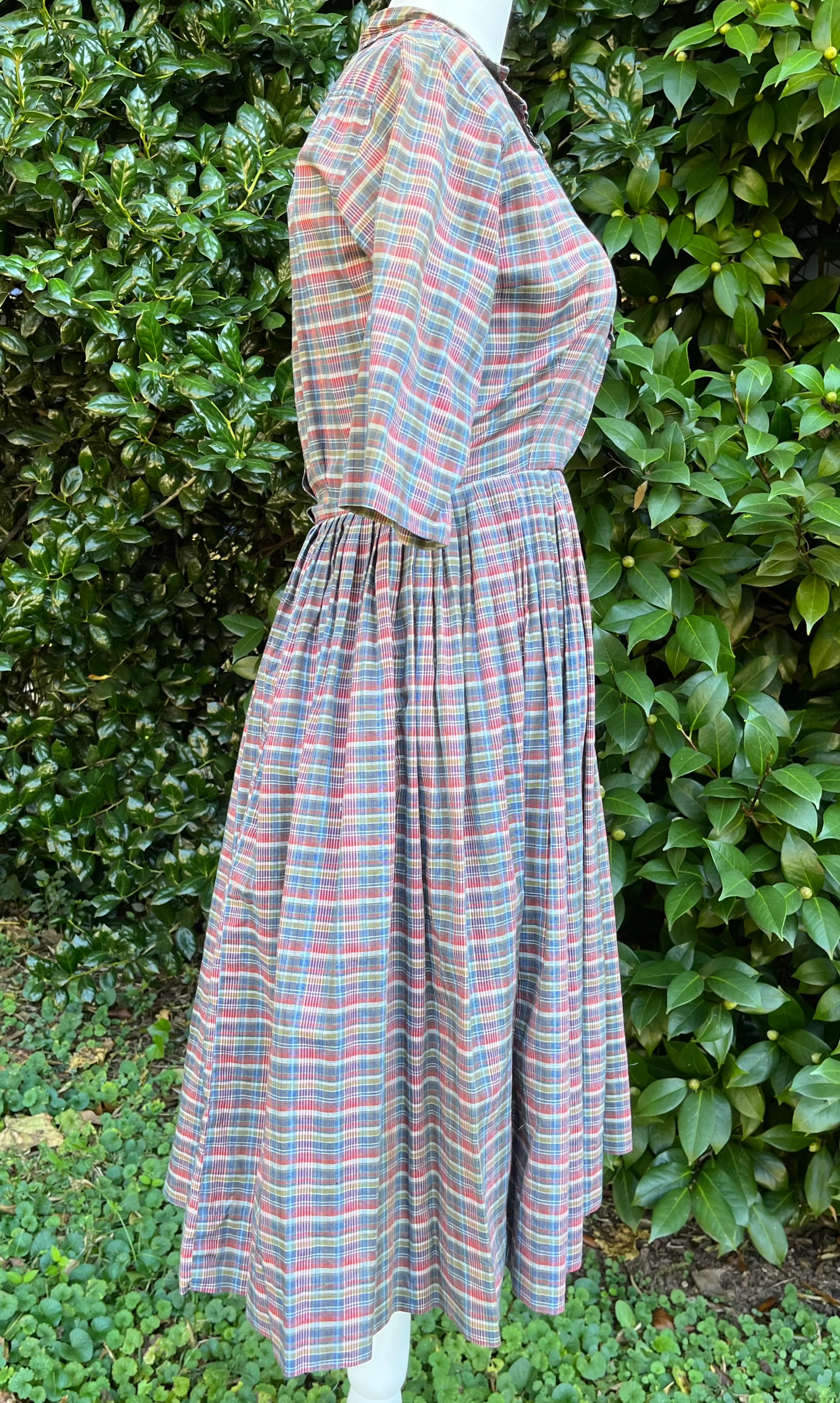 50s/60s Faded Madras Plaid Shirtwaist Dress By Serbin - Image 4