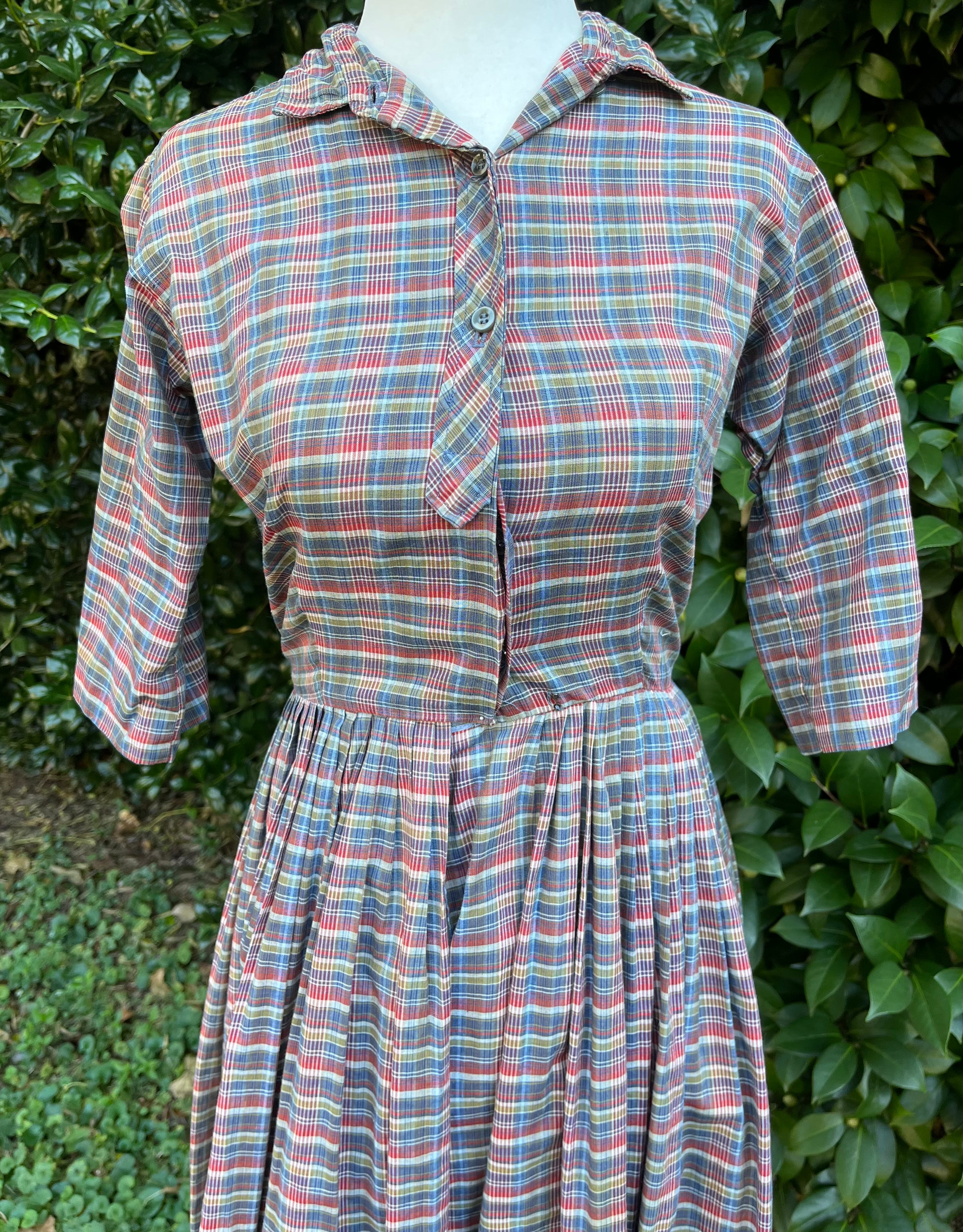 50s/60s Faded Madras Plaid Shirtwaist Dress By Serbin - Image 5