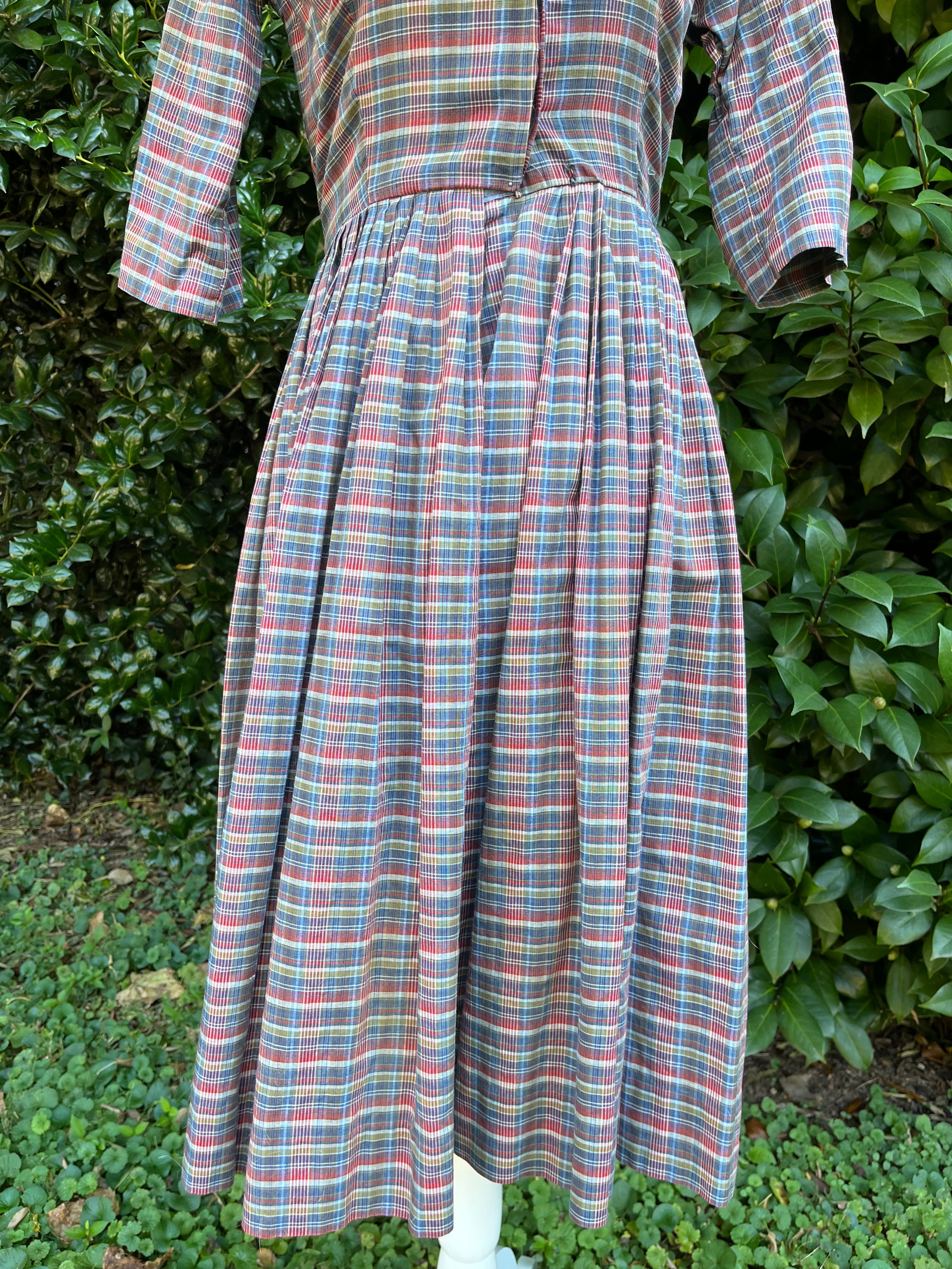 50s/60s Faded Madras Plaid Shirtwaist Dress By Serbin - Image 7