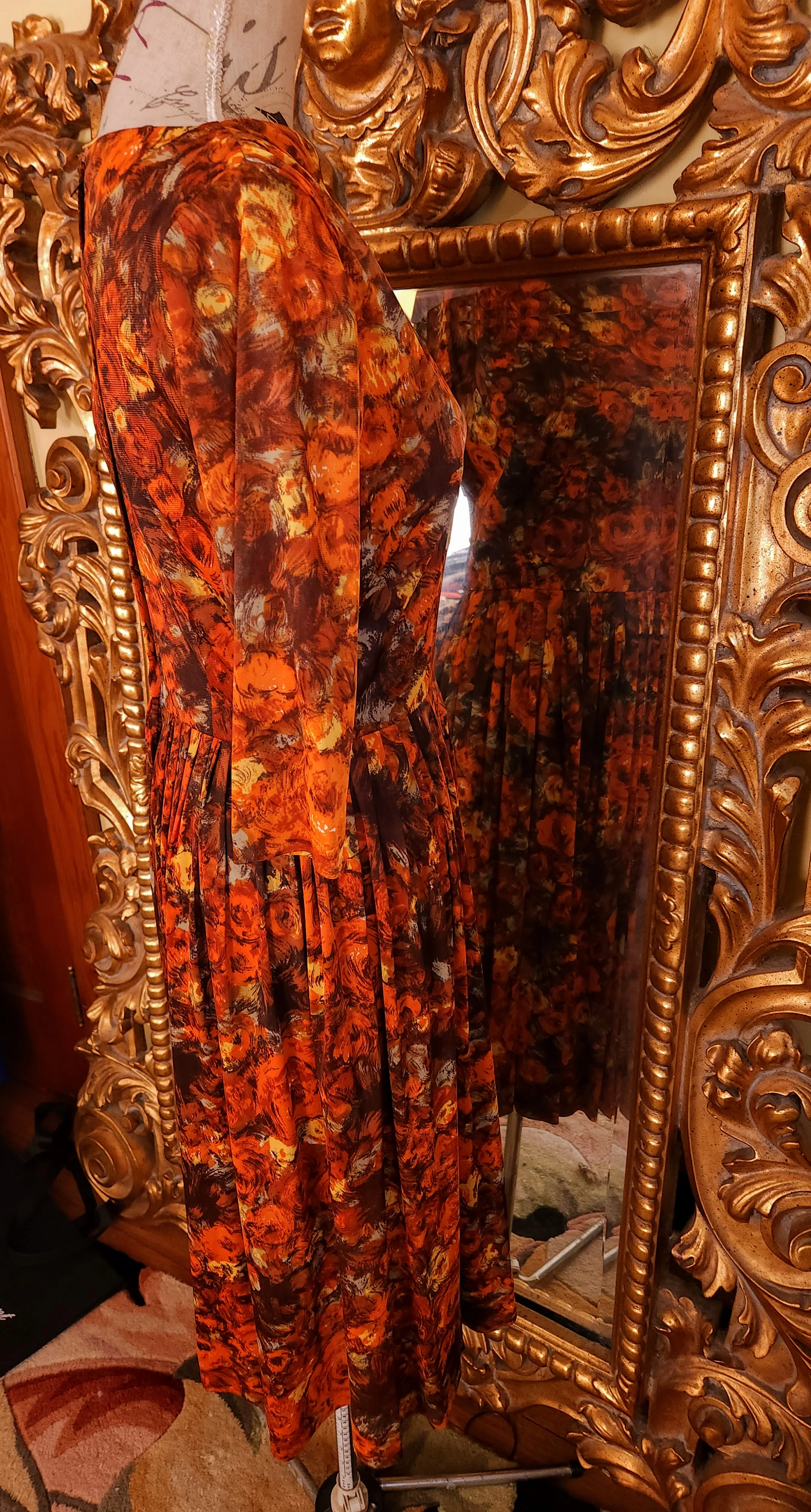 50s/60s Fall Floral Print Rayon Jersey Dress - Image 3