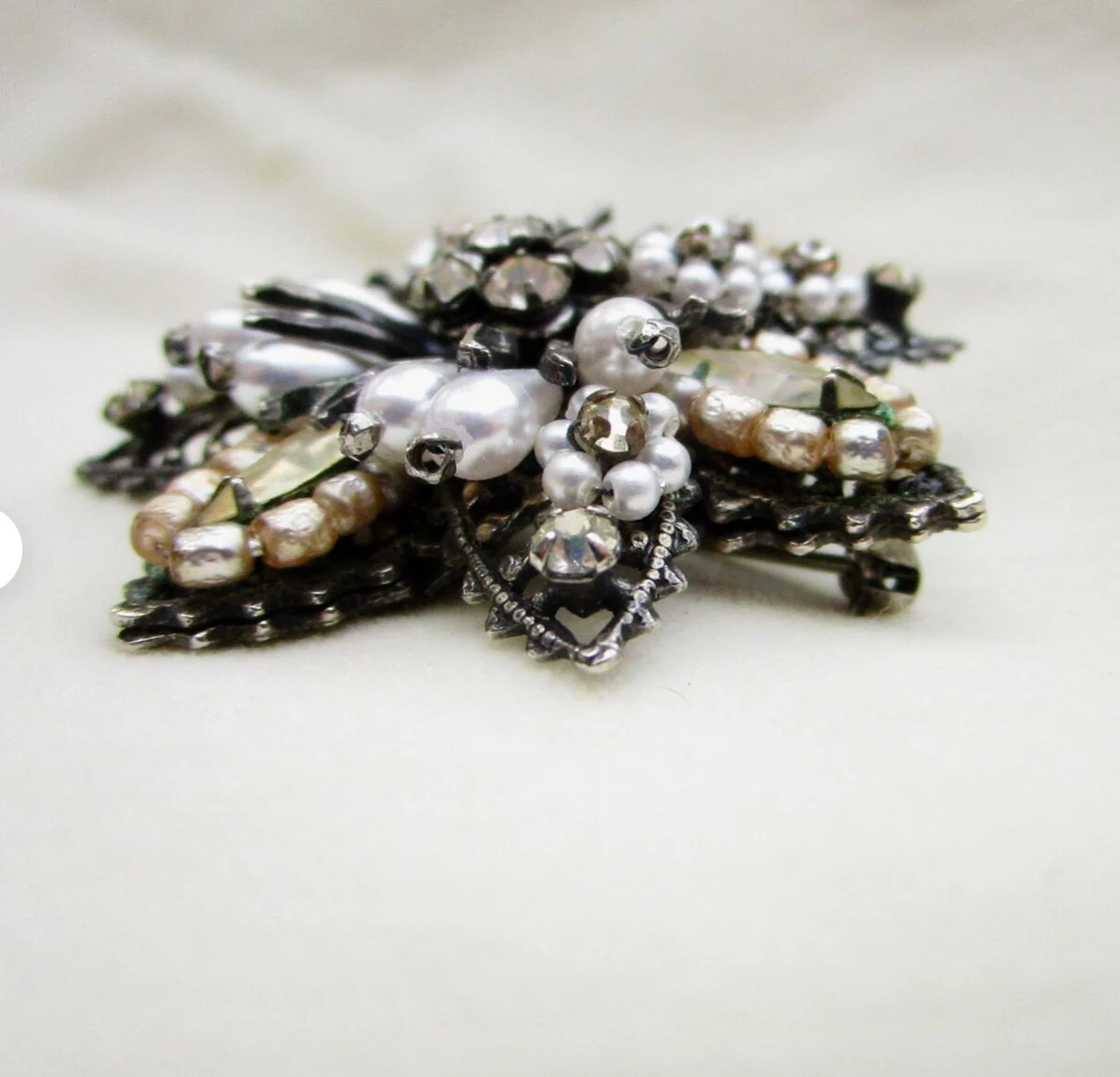 50s/60s Floral Pendant Brooch In White Black, Silver By Originals by Robert - Image 4