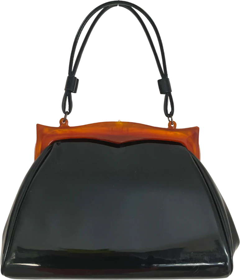 50s/60s Glossy Black Patent Tortoise Bakelite Frame Bag - Image 2