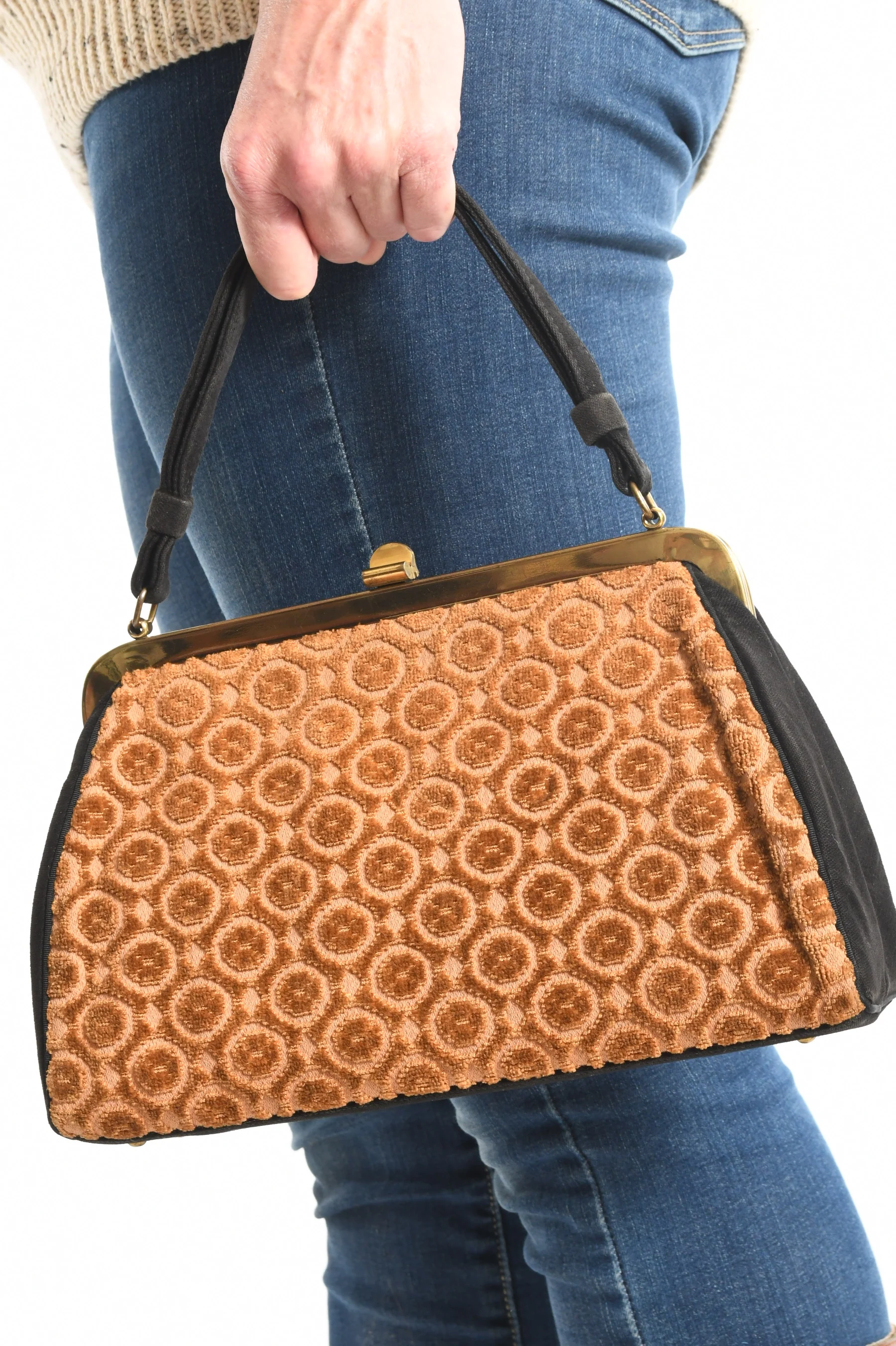 50s/60s Gold Black Cut Velvet Floral Carpetbag Purse - Image 3