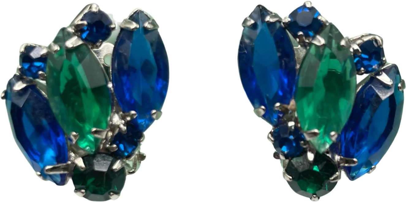 50s/60s Green And Blue Glass Rhinestone Cluster Cip Ons