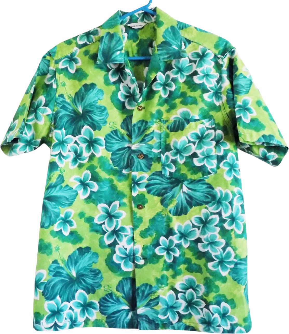 50s 60s Green and Turquoise Floral Hawaiian Shirt Made In Hawaii Cotton Metal Buttons