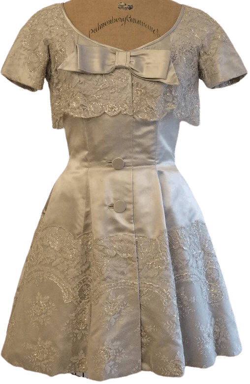 50's/60's Ice Blue Beaded Party Dress with Lace and Bow Details by Cardinal Detroit