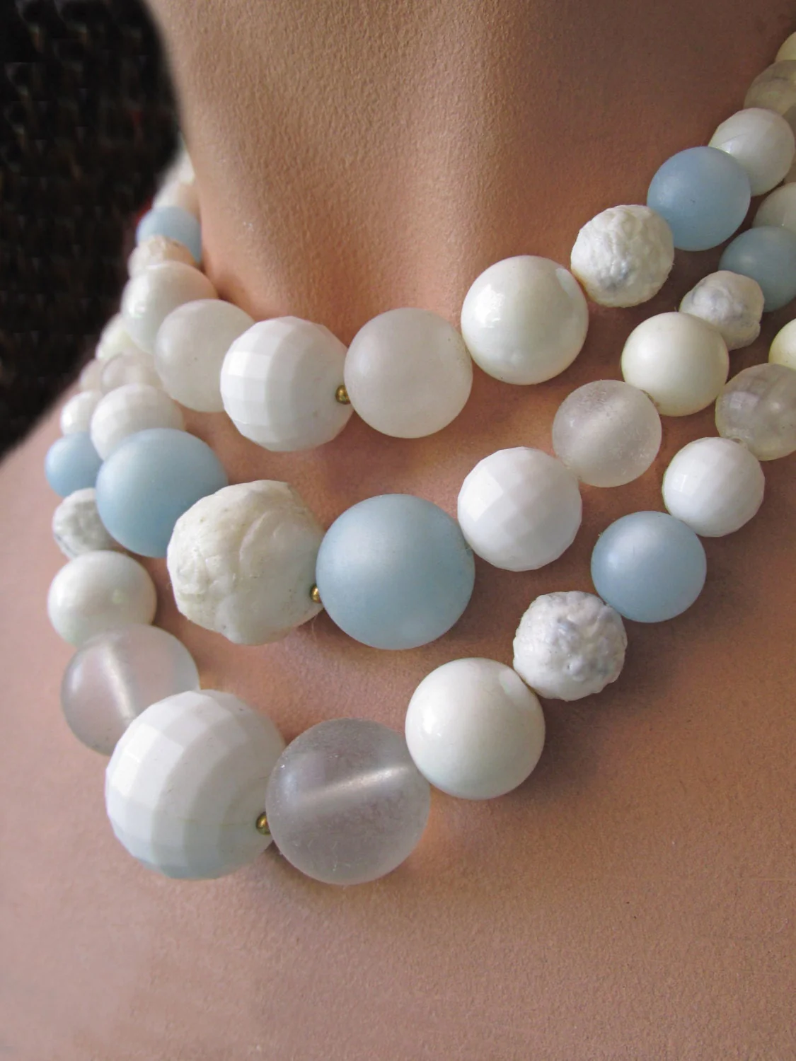 50s 60s Karu Arke Fifth Avenue Designer Three Strand Necklace In Pale Blue and White Mrs. Maisel - Image 2
