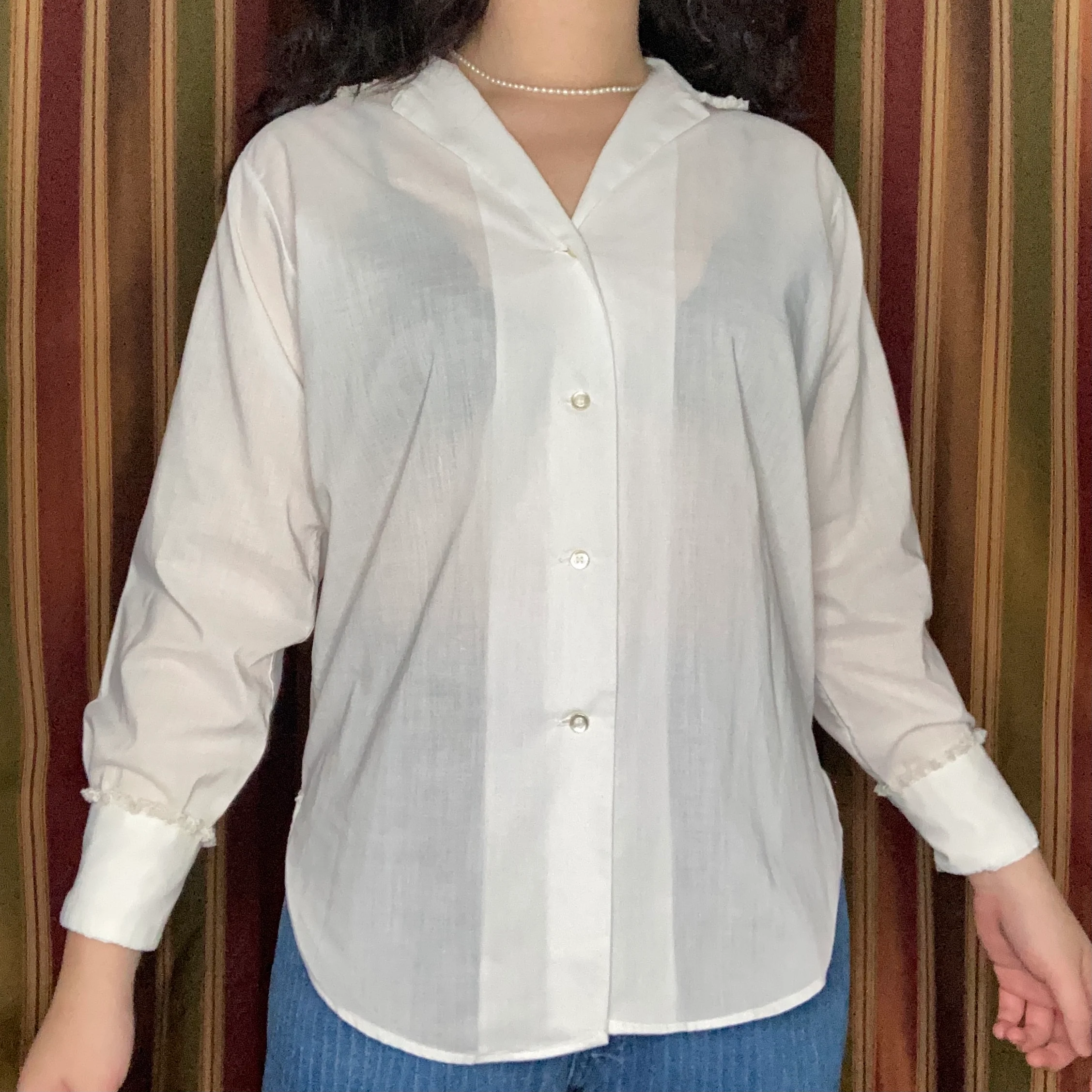 50s/60s Lace Trim Victorian Style Button Down Shirt By Lady Manhattan - Image 3