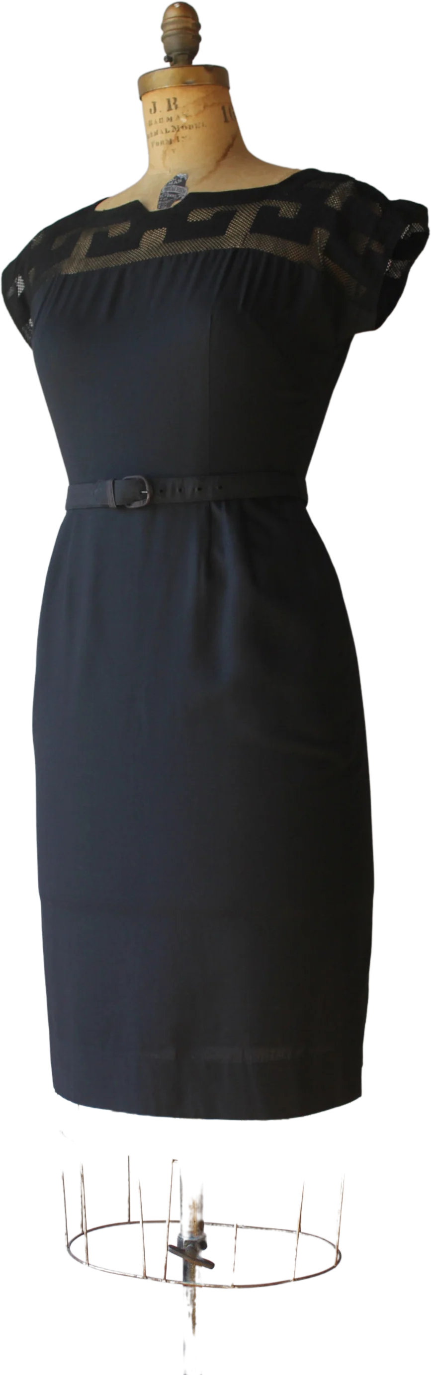 50s 60s Little Black Fishnet Peek-a-Boo Shoulders Fitted Wiggle Dress