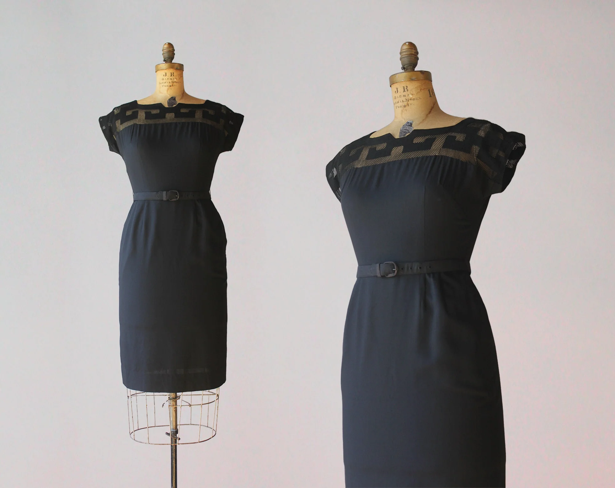 50s 60s Little Black Fishnet Peek-a-Boo Shoulders Fitted Wiggle Dress - Image 2