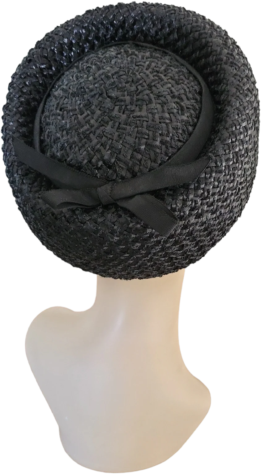 50s/60s Mcm Black Raffia Straw Pillbox Hat By Mccurdys - Image 2