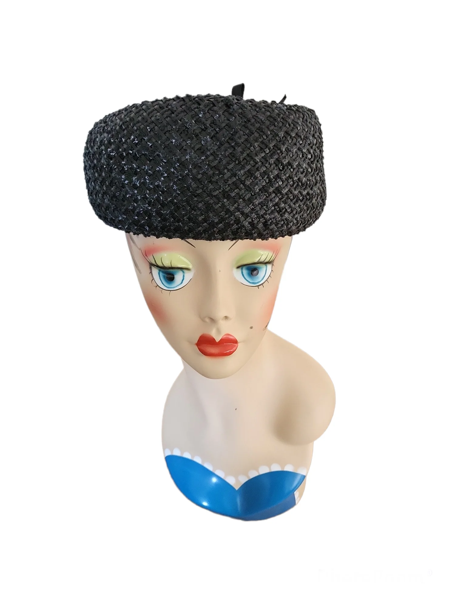 50s/60s Mcm Black Raffia Straw Pillbox Hat By Mccurdys - Image 3