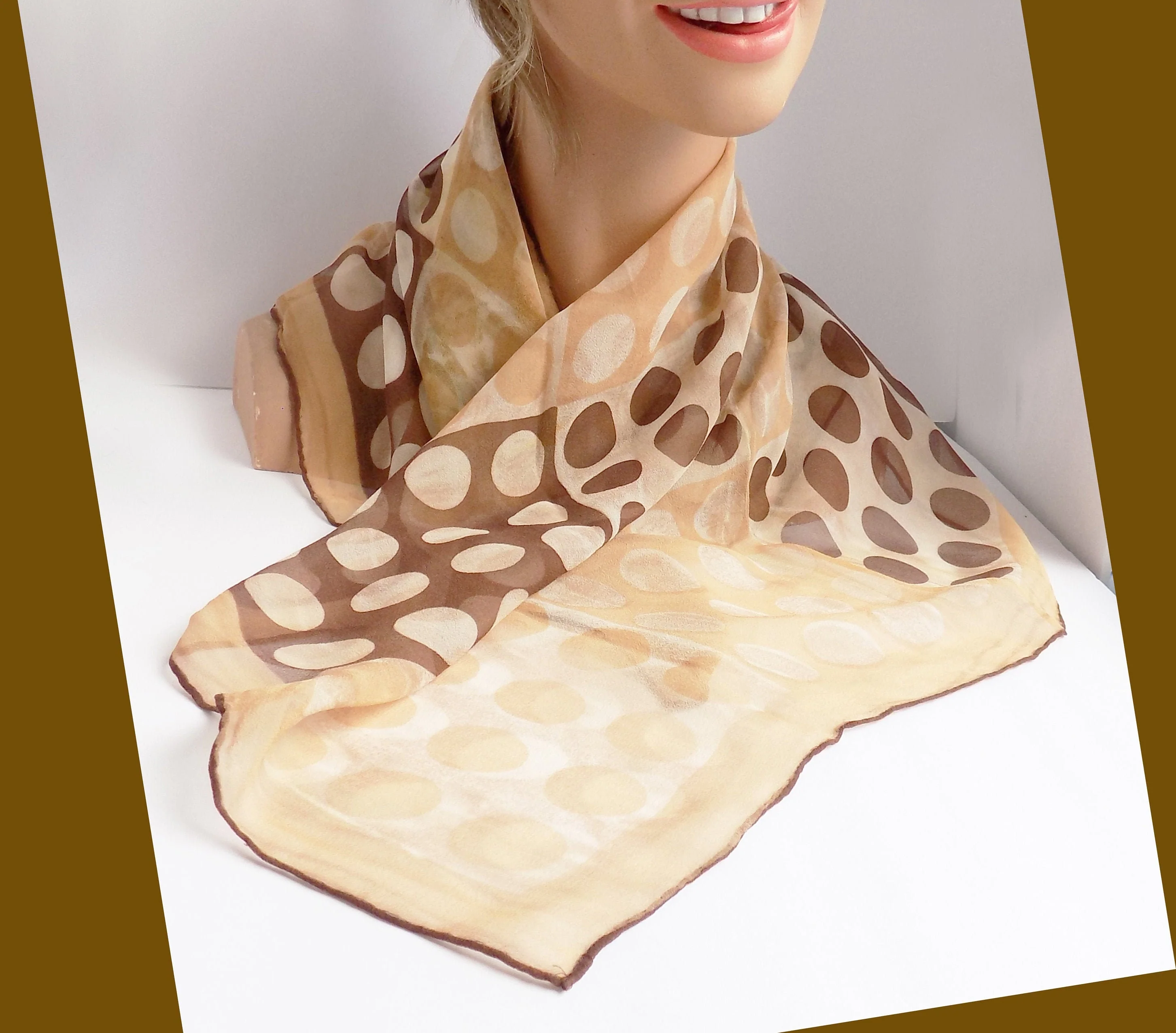50s-60s Mod Polka Dot Silk Crepe Mcm Soft Brown and Tan Neck Hair Head Scarf - Image 2