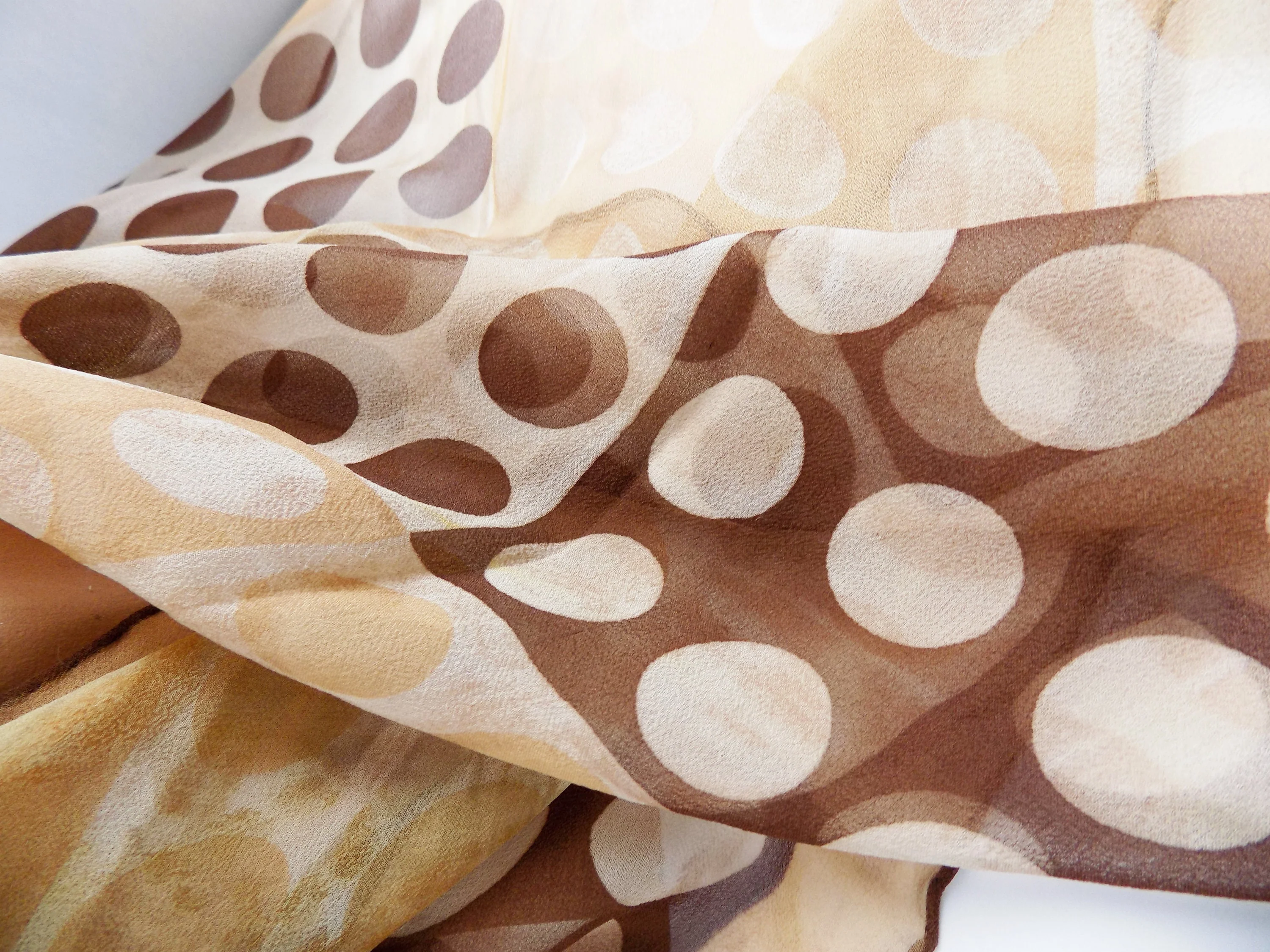 50s-60s Mod Polka Dot Silk Crepe Mcm Soft Brown and Tan Neck Hair Head Scarf - Image 3
