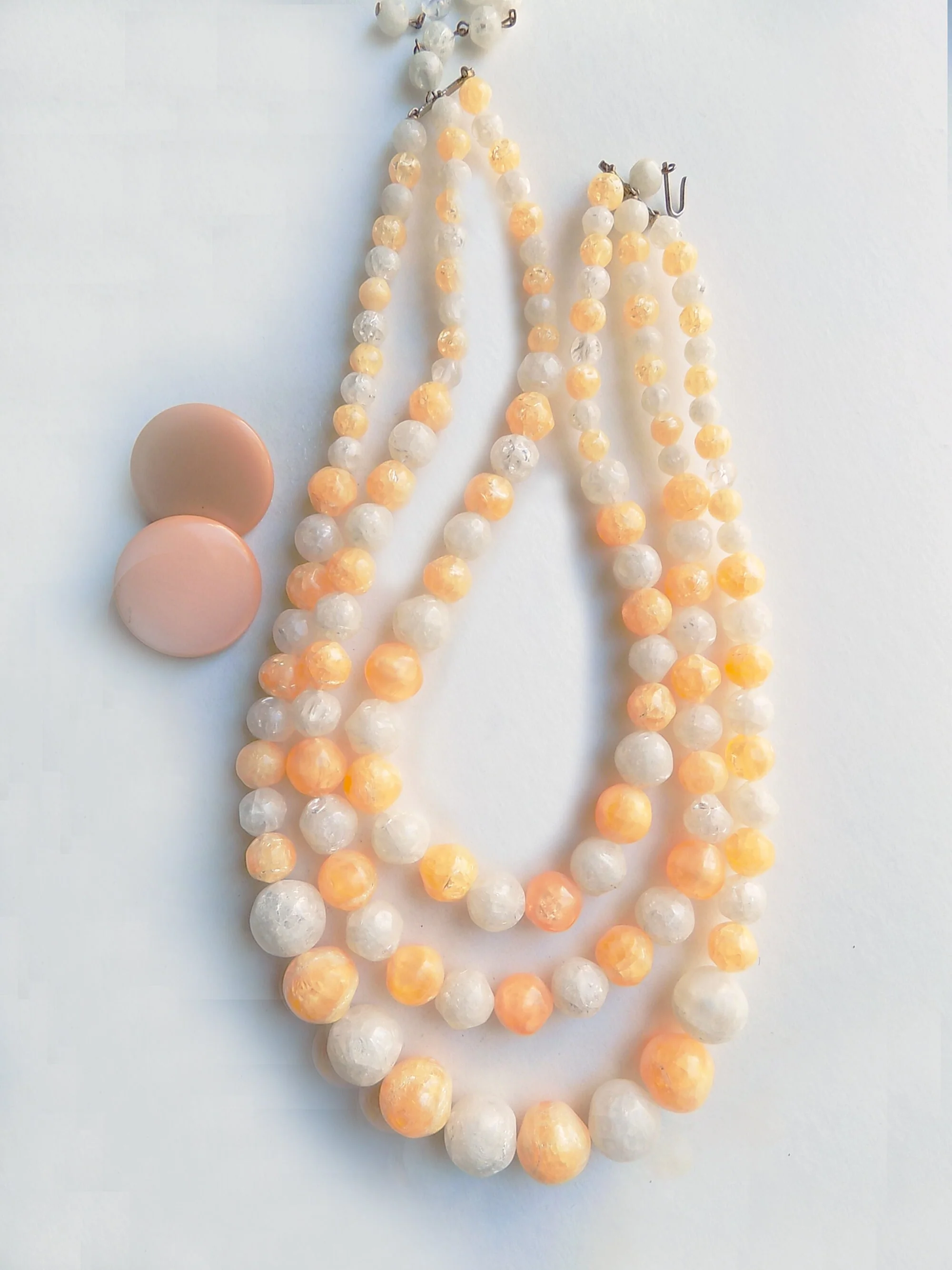 50s 60s Mrs Maisel Three Strand Necklace of Plastic Beads with Your Choice of White Glitter Or Pale Coral Button Clip Earrings by Mrs. Maisel - Image 2