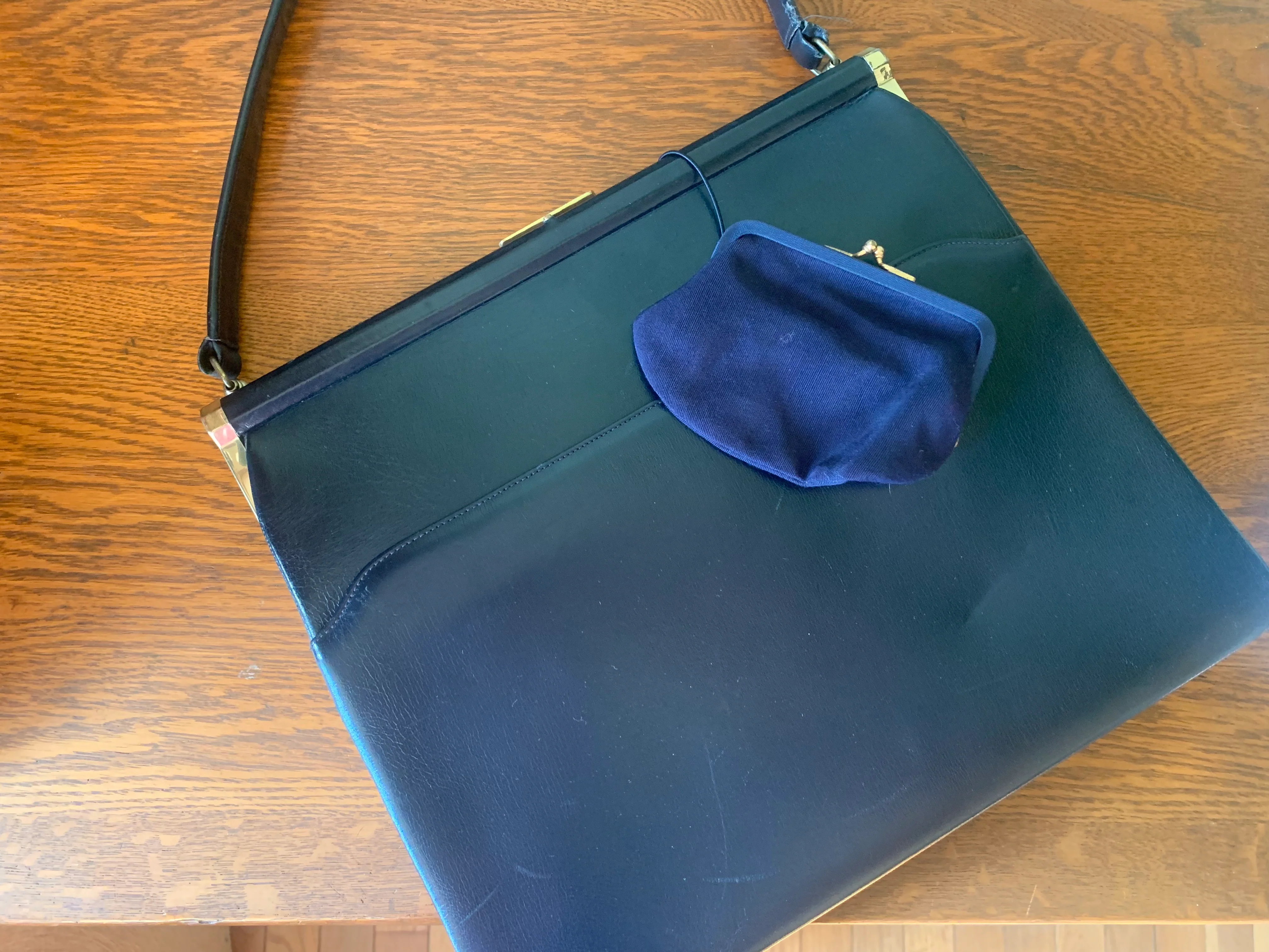 50s/60s Navy Blue Leather Top Handle Handbag By Jana Bags - Image 4