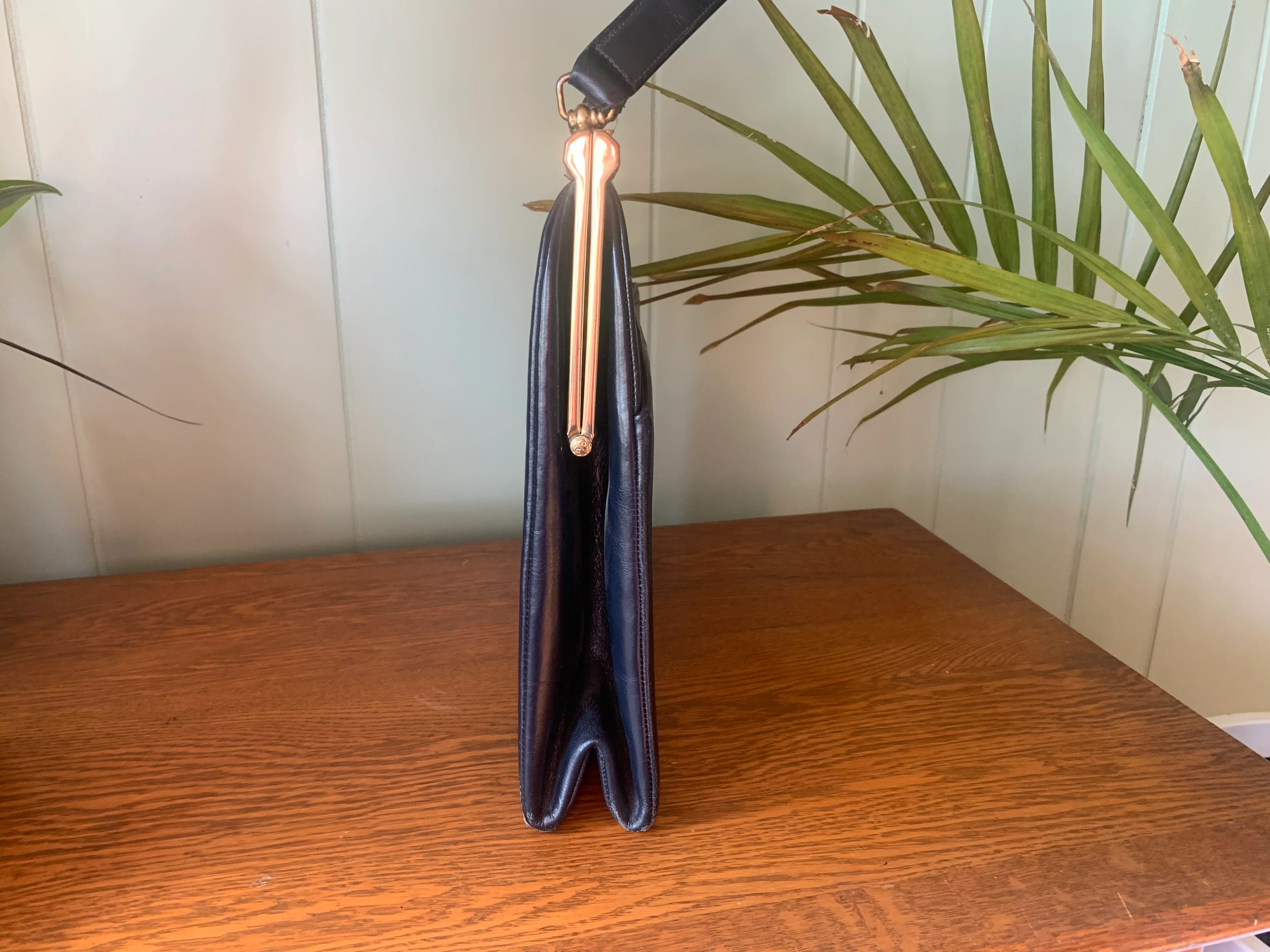 50s/60s Navy Blue Leather Top Handle Handbag By Jana Bags - Image 5