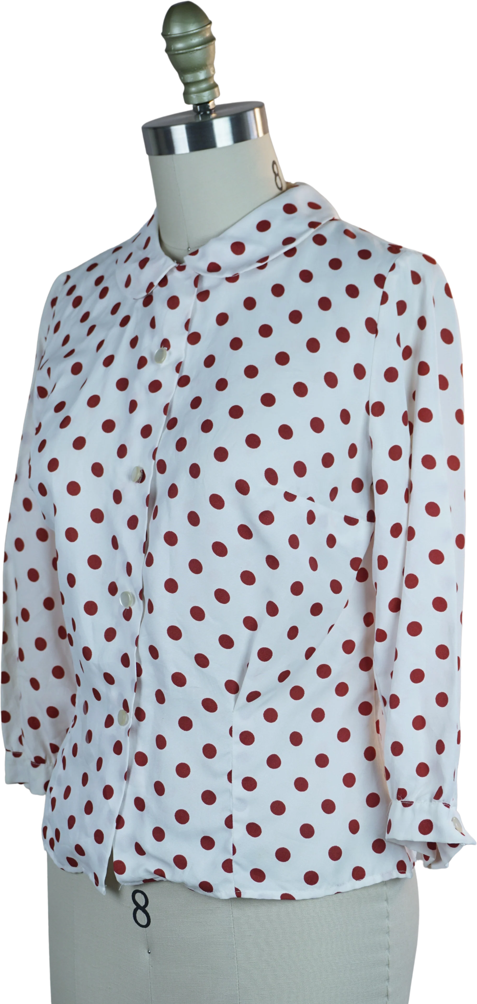 50s/60s Nylon White And Red Polka Dot Blouse By Mardi Modes - Image 2