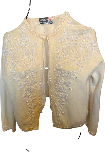 50s/60s Off White Detailed Beaded Sweater By Silverhouse