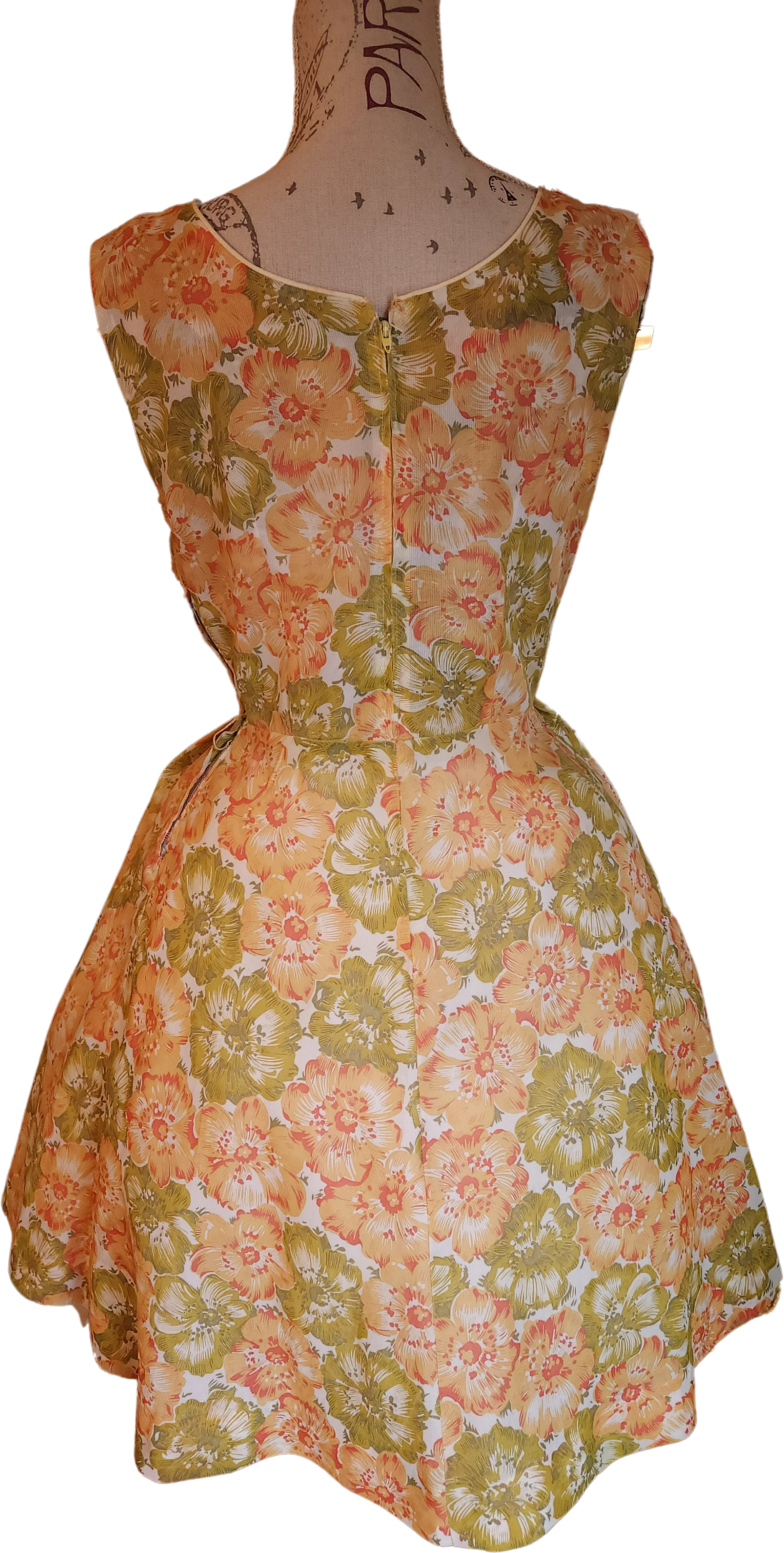 50s/60s Peach And Green Floral Nylon Fit And Flare Dress - Image 2