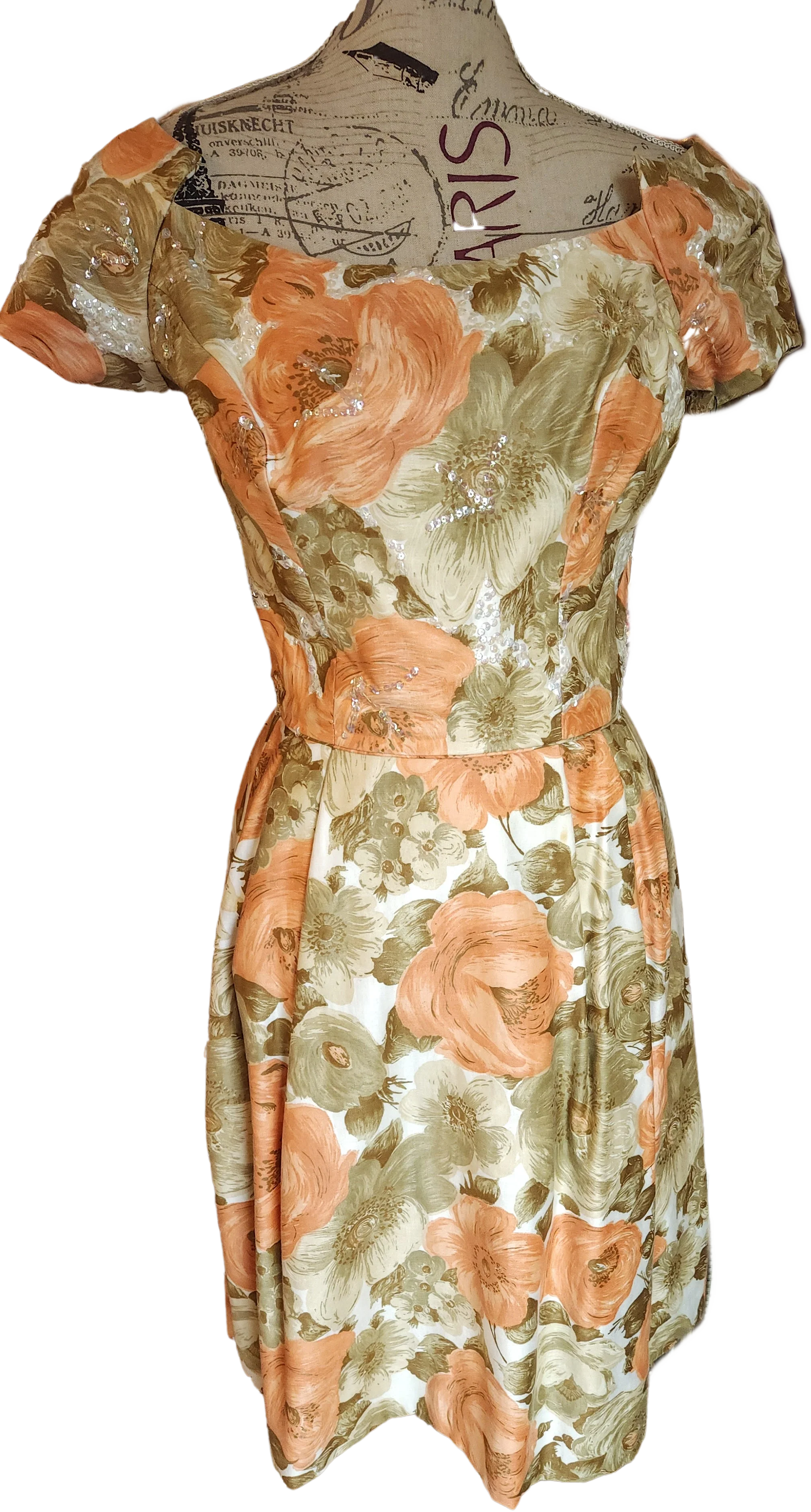 50s/60s Peach And Green Floral Sequin Wiggle Dress