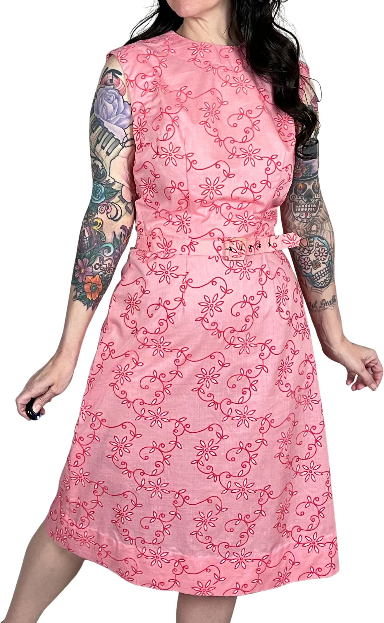 50s/60s Pink Flocked Velvet Floral Sheath Dress