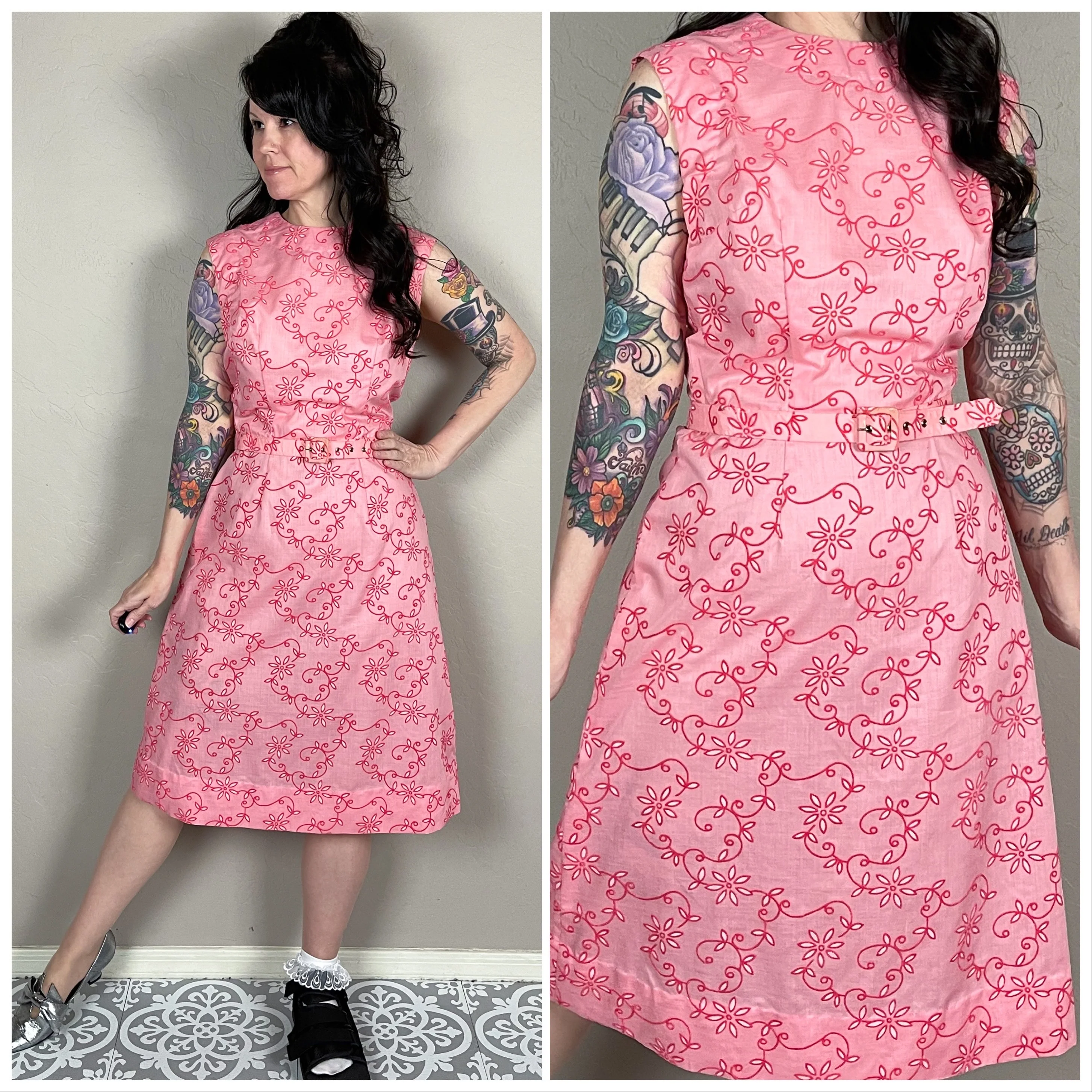 50s/60s Pink Flocked Velvet Floral Sheath Dress - Image 2