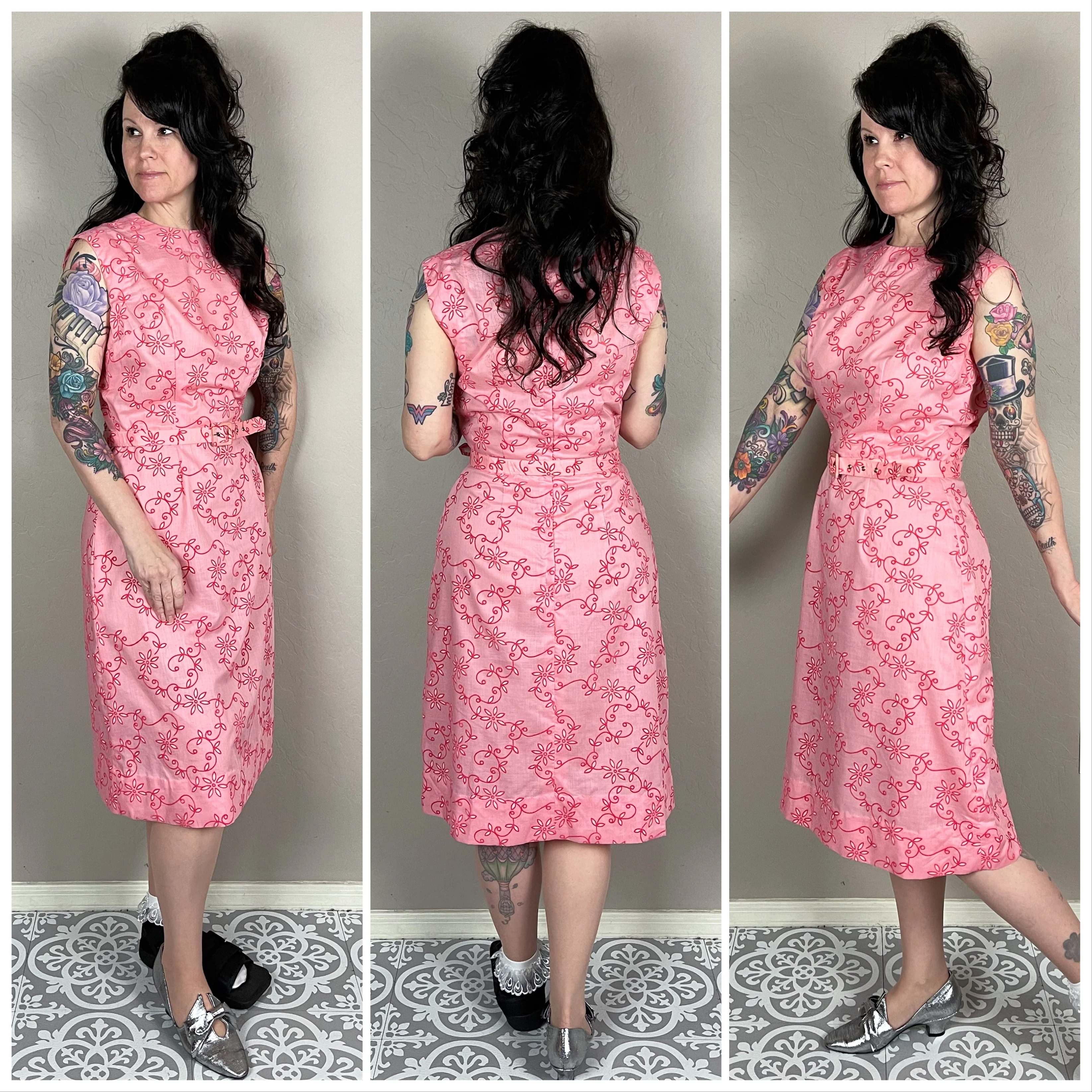 50s/60s Pink Flocked Velvet Floral Sheath Dress - Image 3