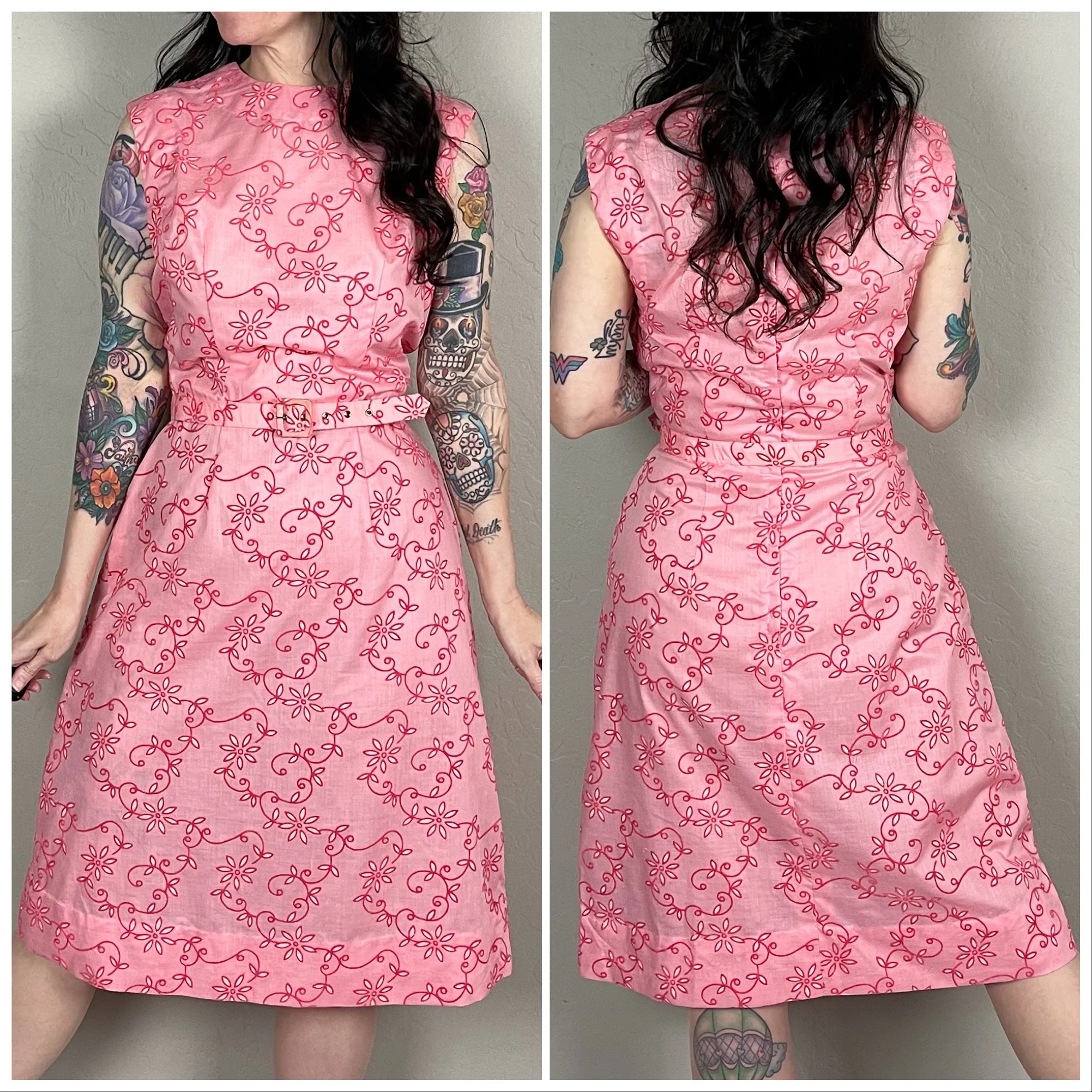 50s/60s Pink Flocked Velvet Floral Sheath Dress - Image 4