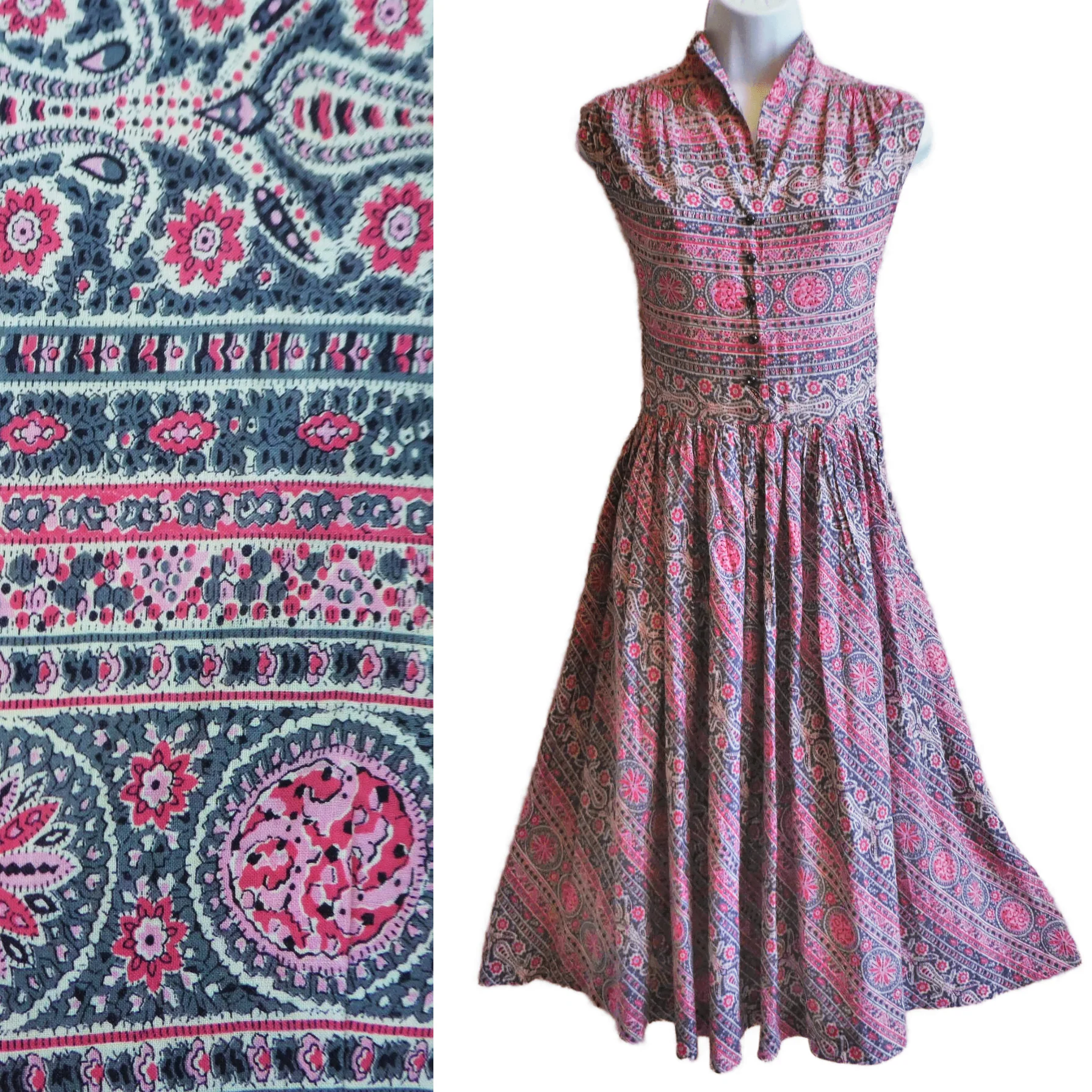 50s/60s Pink Gray Midi Dress Side Zip Full Skirt Pocket By Gay Gibson - Image 4
