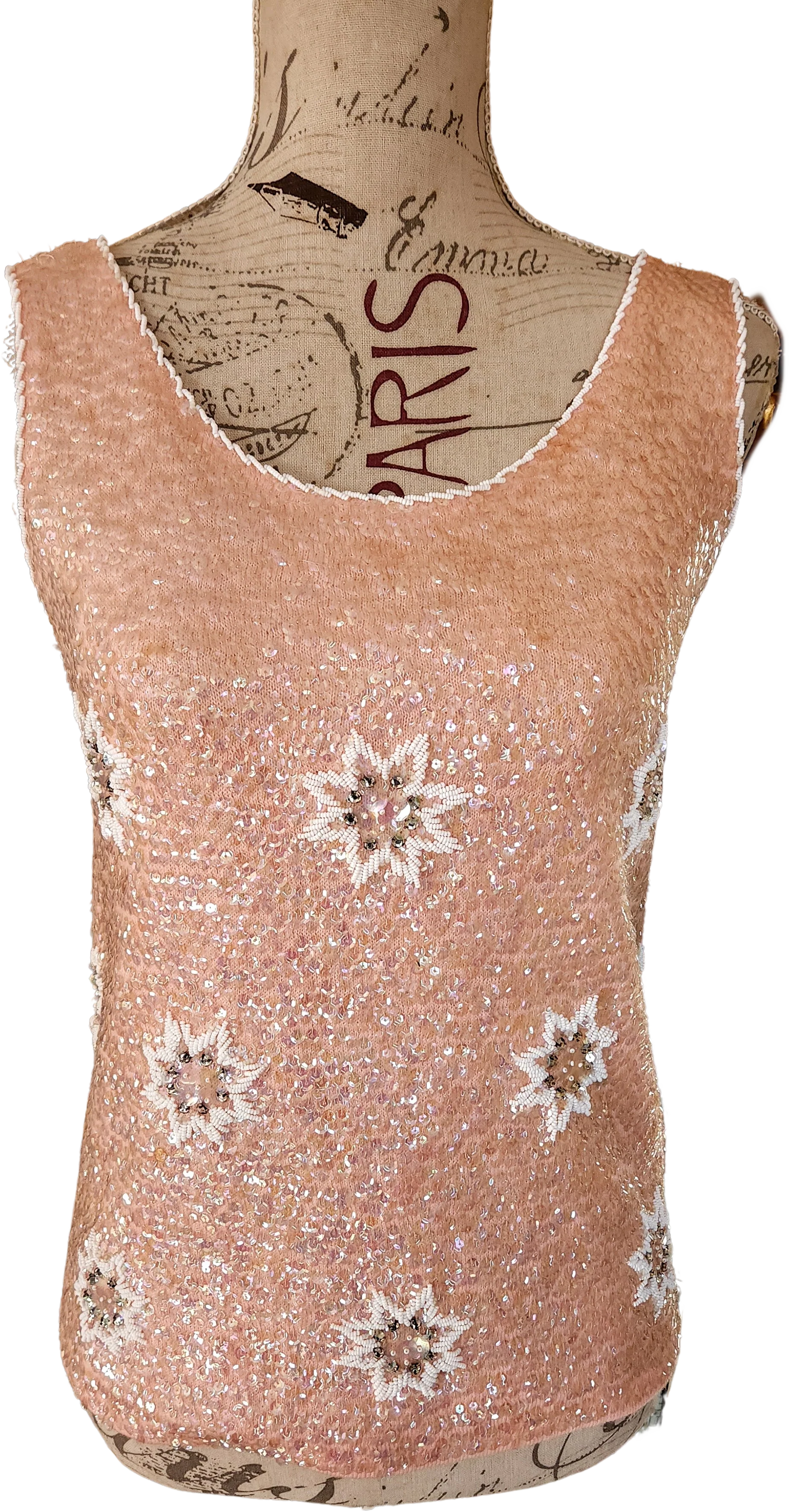 50s/60s Pink Sequin Beaded Sweater Top By Regalia Imports