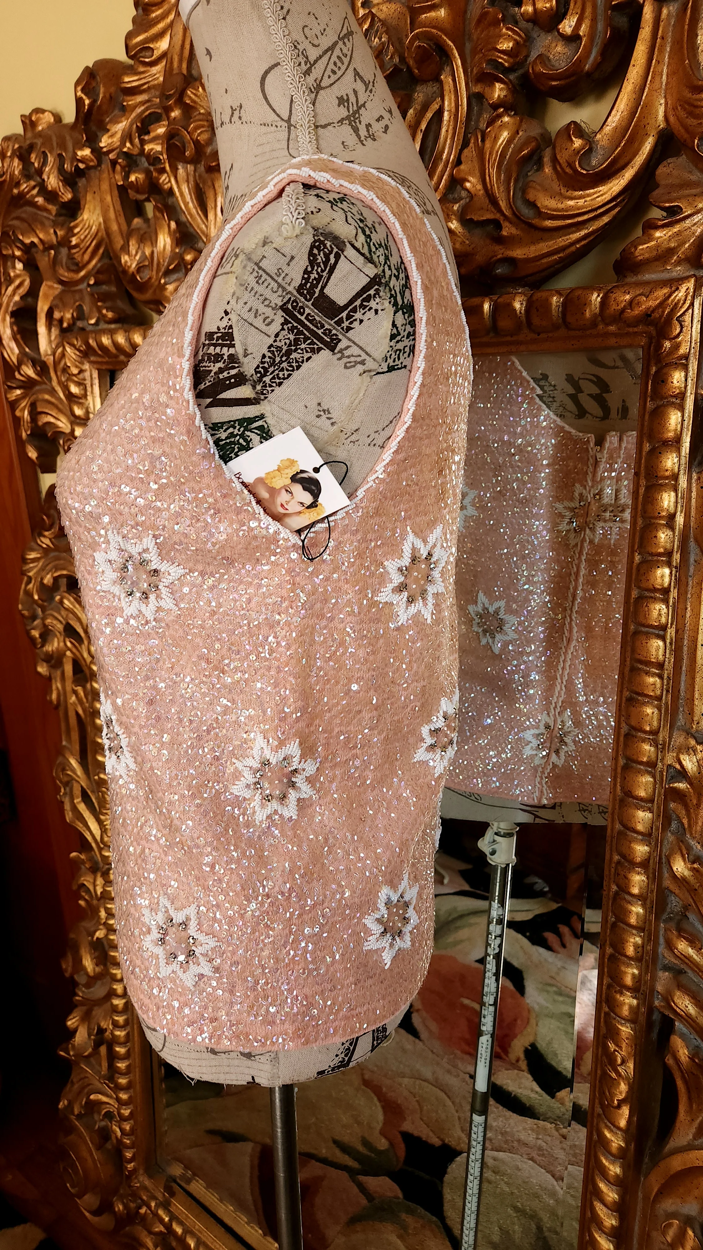 50s/60s Pink Sequin Beaded Sweater Top By Regalia Imports - Image 4