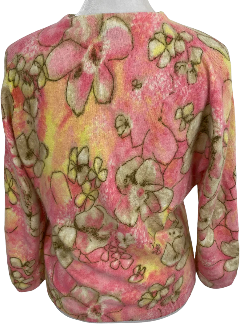 50s/60s Pink Yellow Floral Hand Screened Angora Cardigan By Darlene Knitwear - Image 2