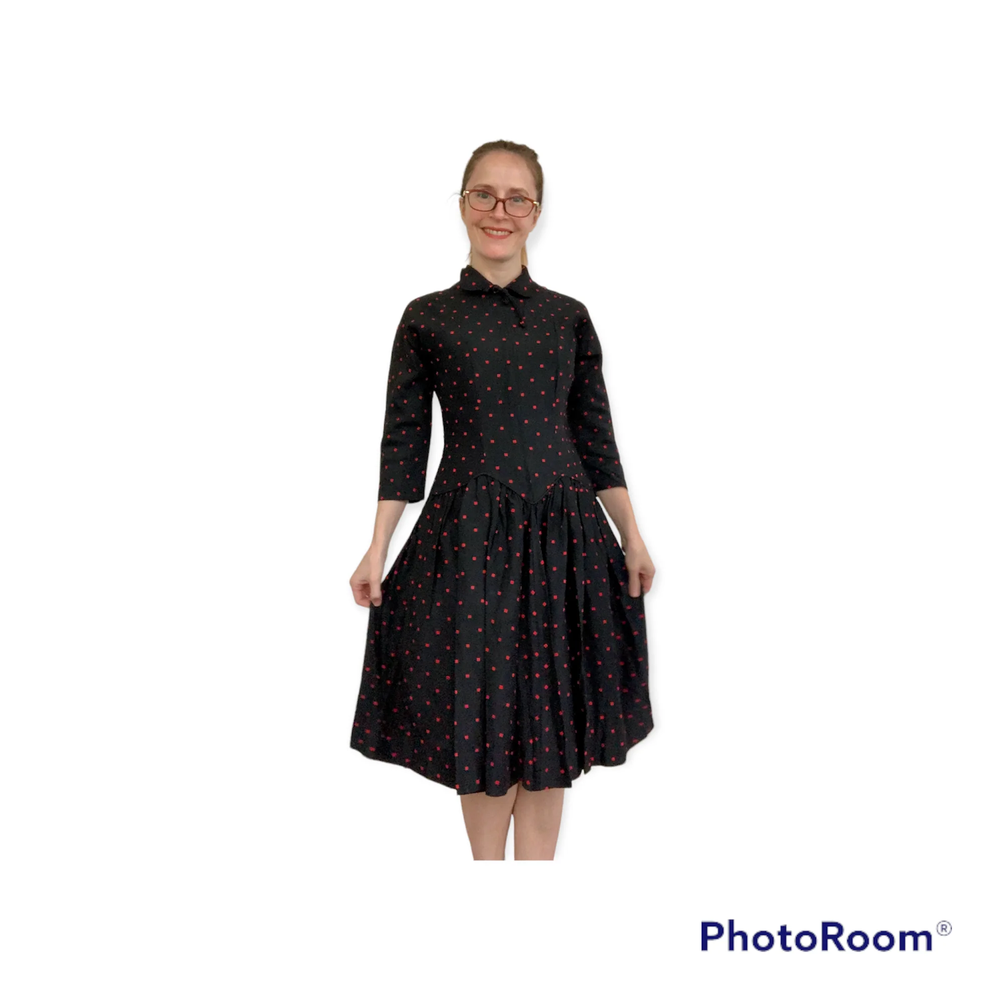 50s/60s Polka Dot Black Dress Red Dots 34 26 S Party - Image 3